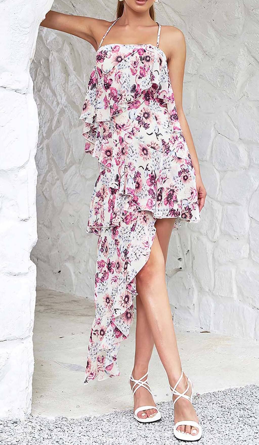 FLORAL PRINT COLD SHOULDER HALTER HIGH LOW DRESS DRESS STYLE OF CB