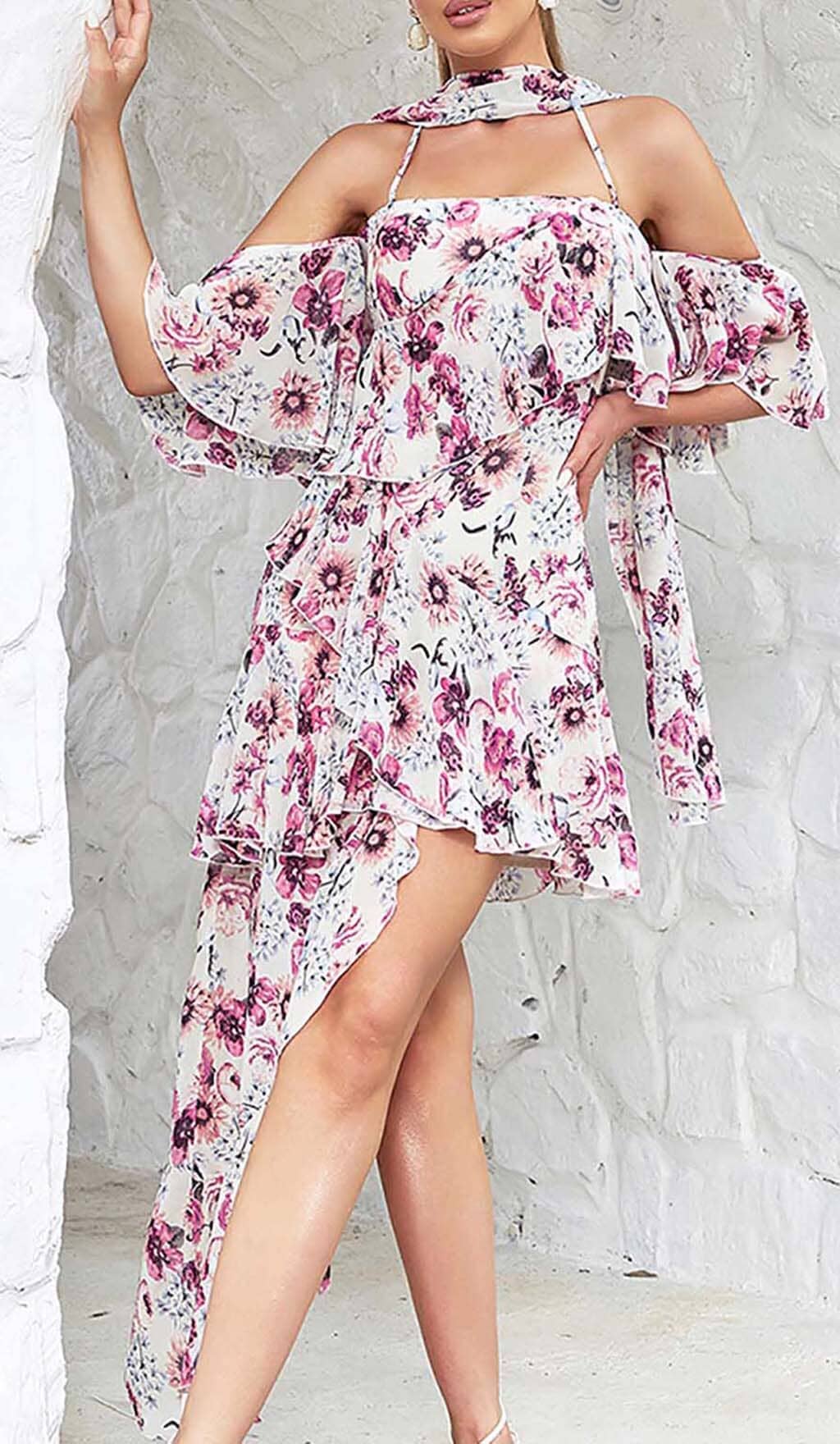 FLORAL PRINT COLD SHOULDER HALTER HIGH LOW DRESS DRESS STYLE OF CB