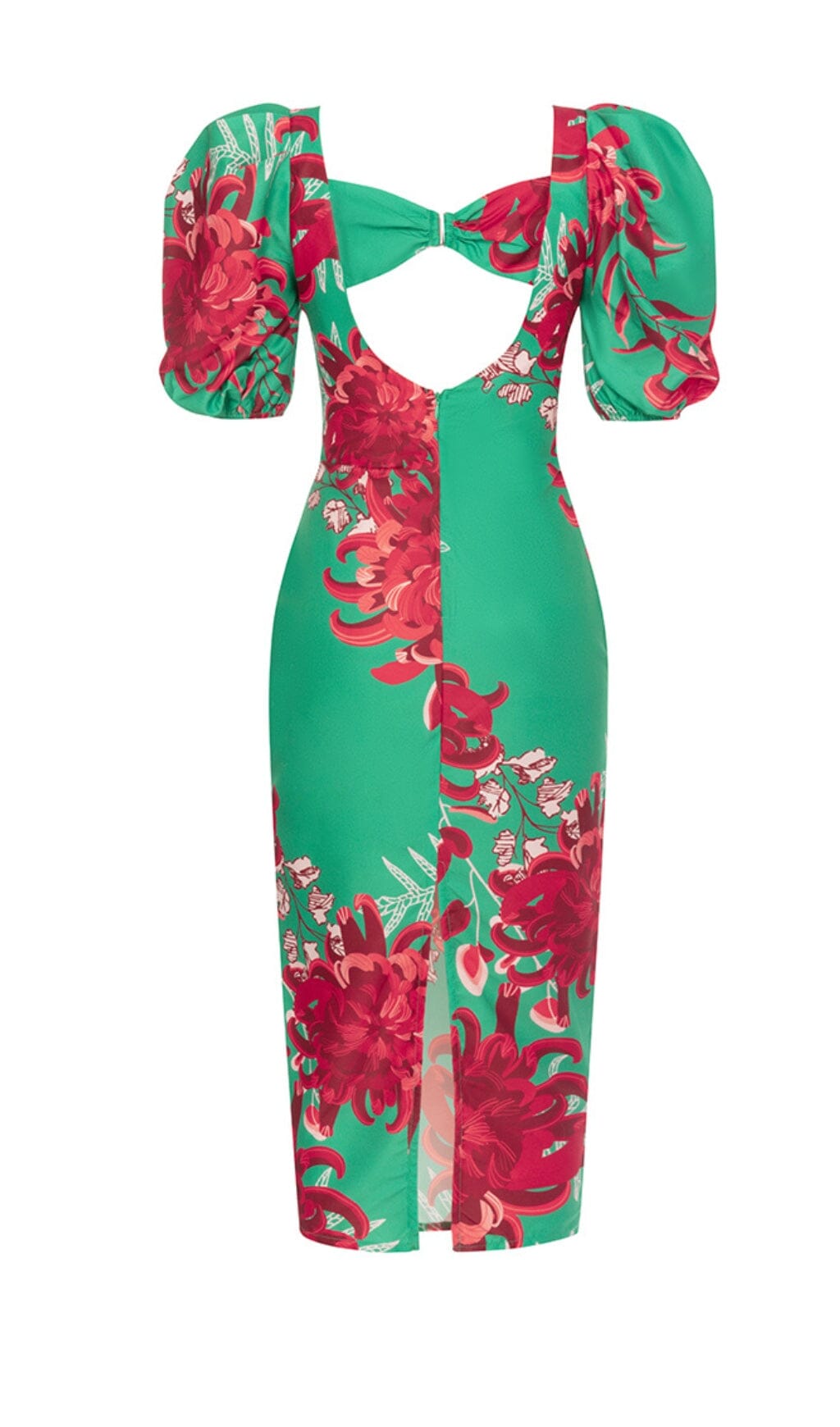 FLORAL PRINT PUFF SLEEVED OPEN BACK MIDI DRESS IN GREEN DRESS STYLE OF CB