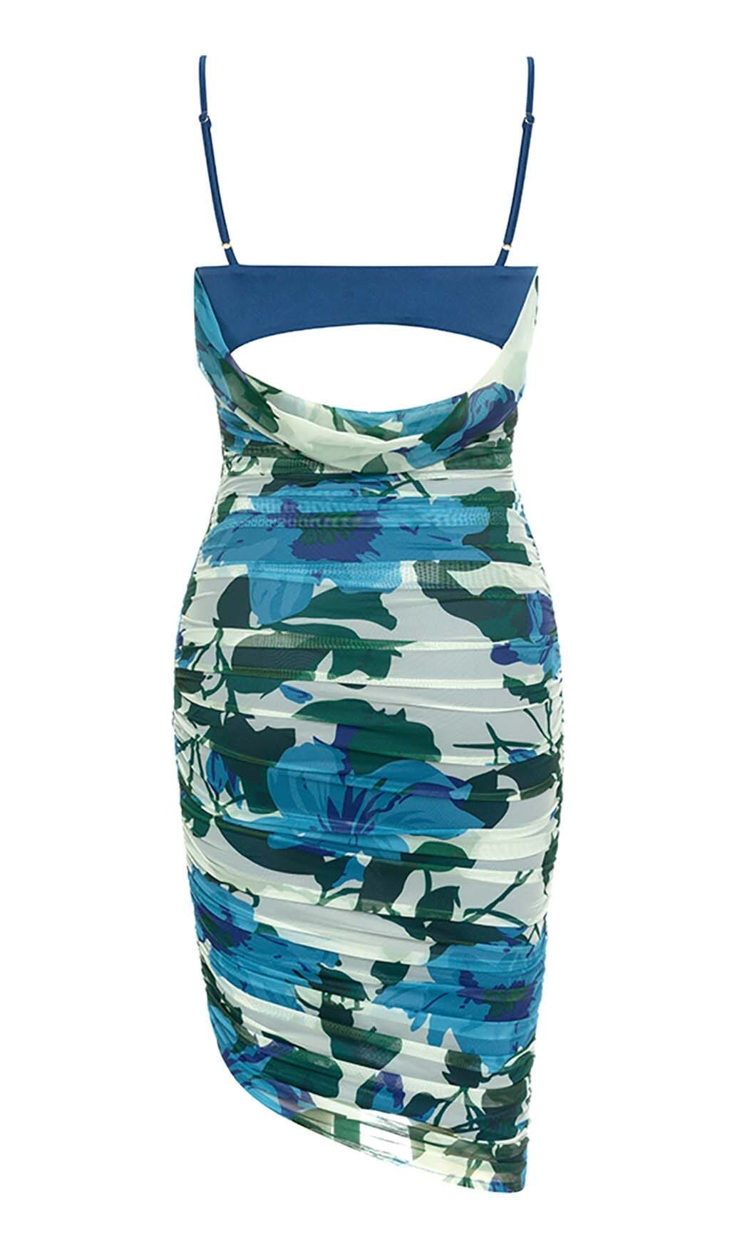 FLORAL PRINT RUCHED MINI DRESS IN BLUE styleofcb