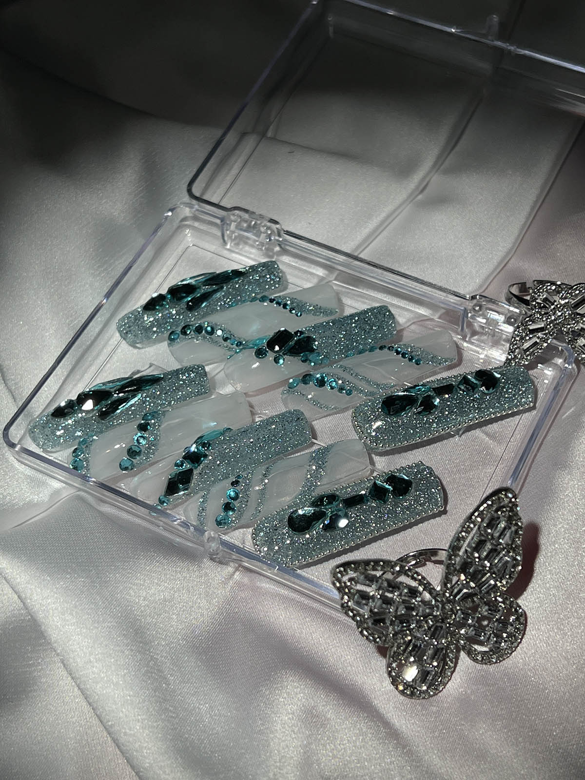 Green Crystal Coffin Glitter Handmade Press On Nails