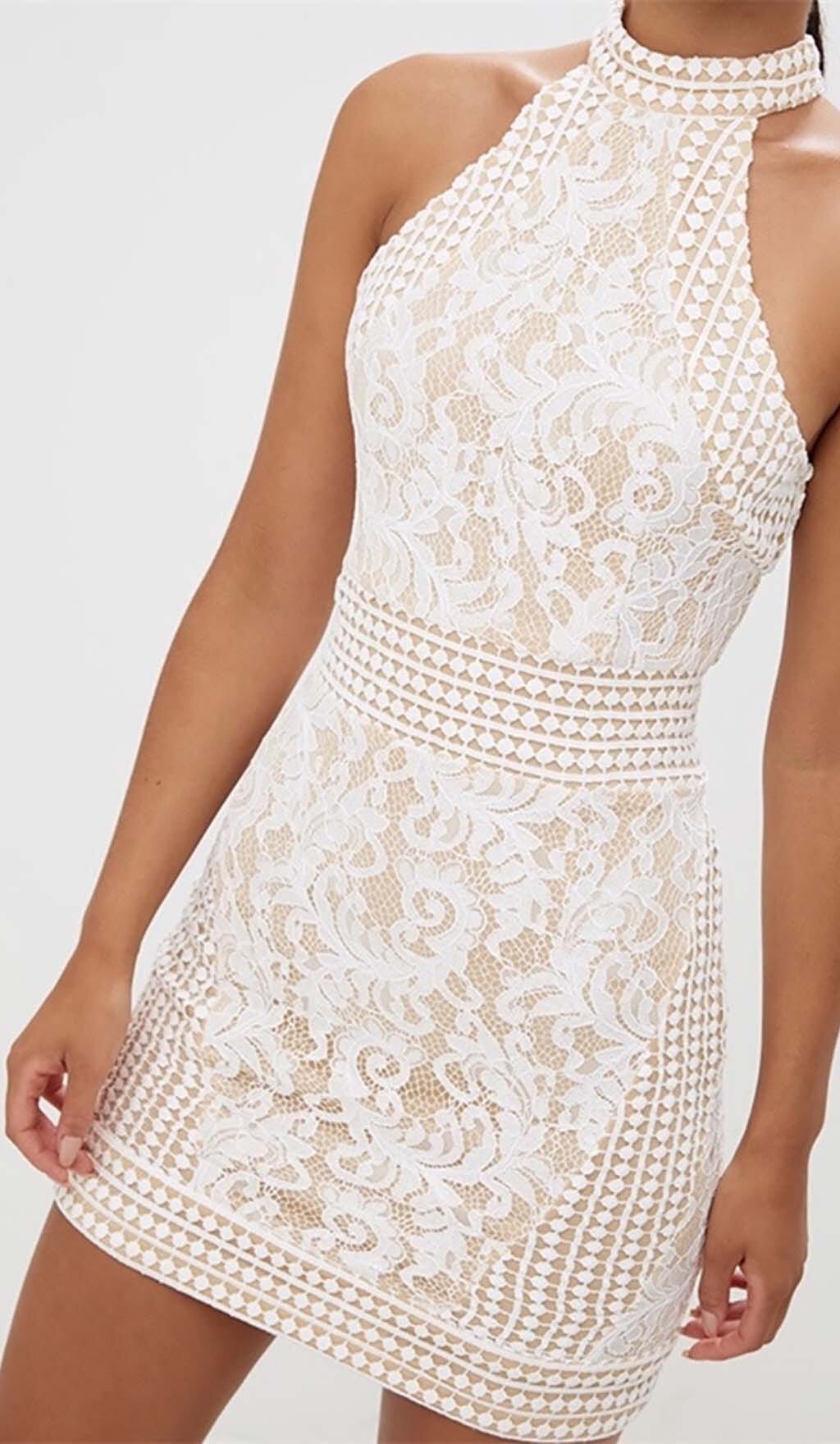 HIGH NECK CROCHET MINI DRESS IN BEIGE DRESS styleofcbdress