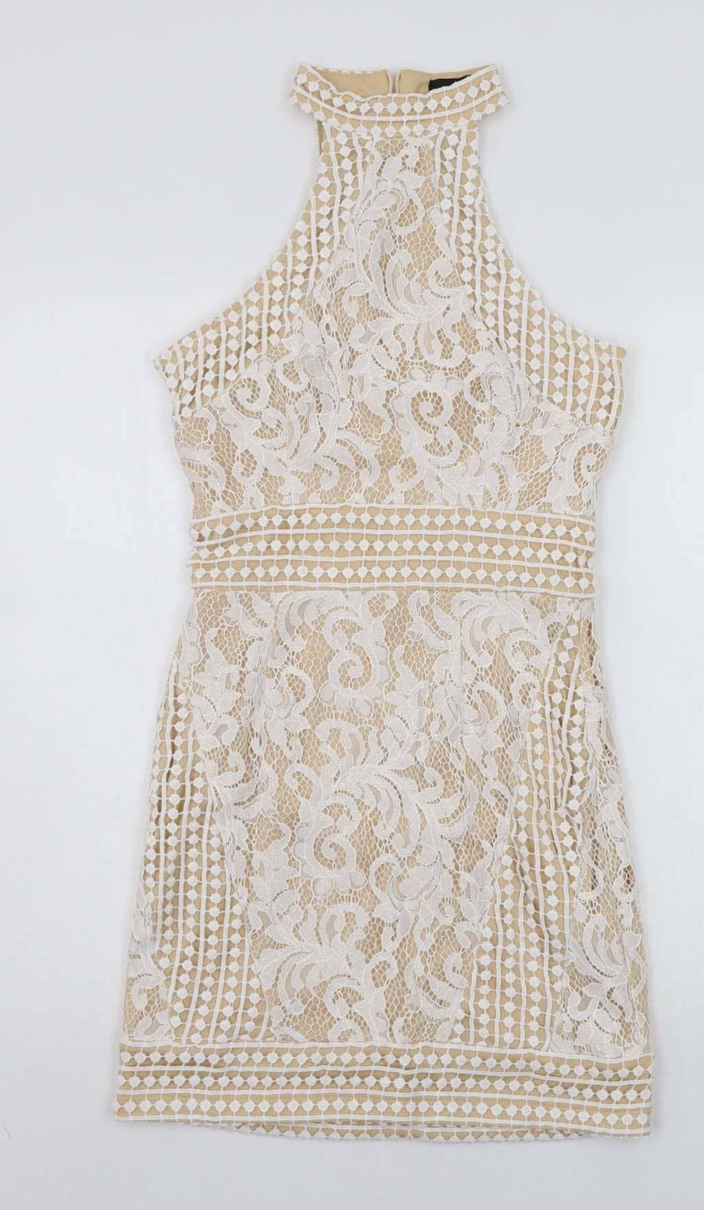 HIGH NECK CROCHET MINI DRESS IN BEIGE DRESS styleofcbdress