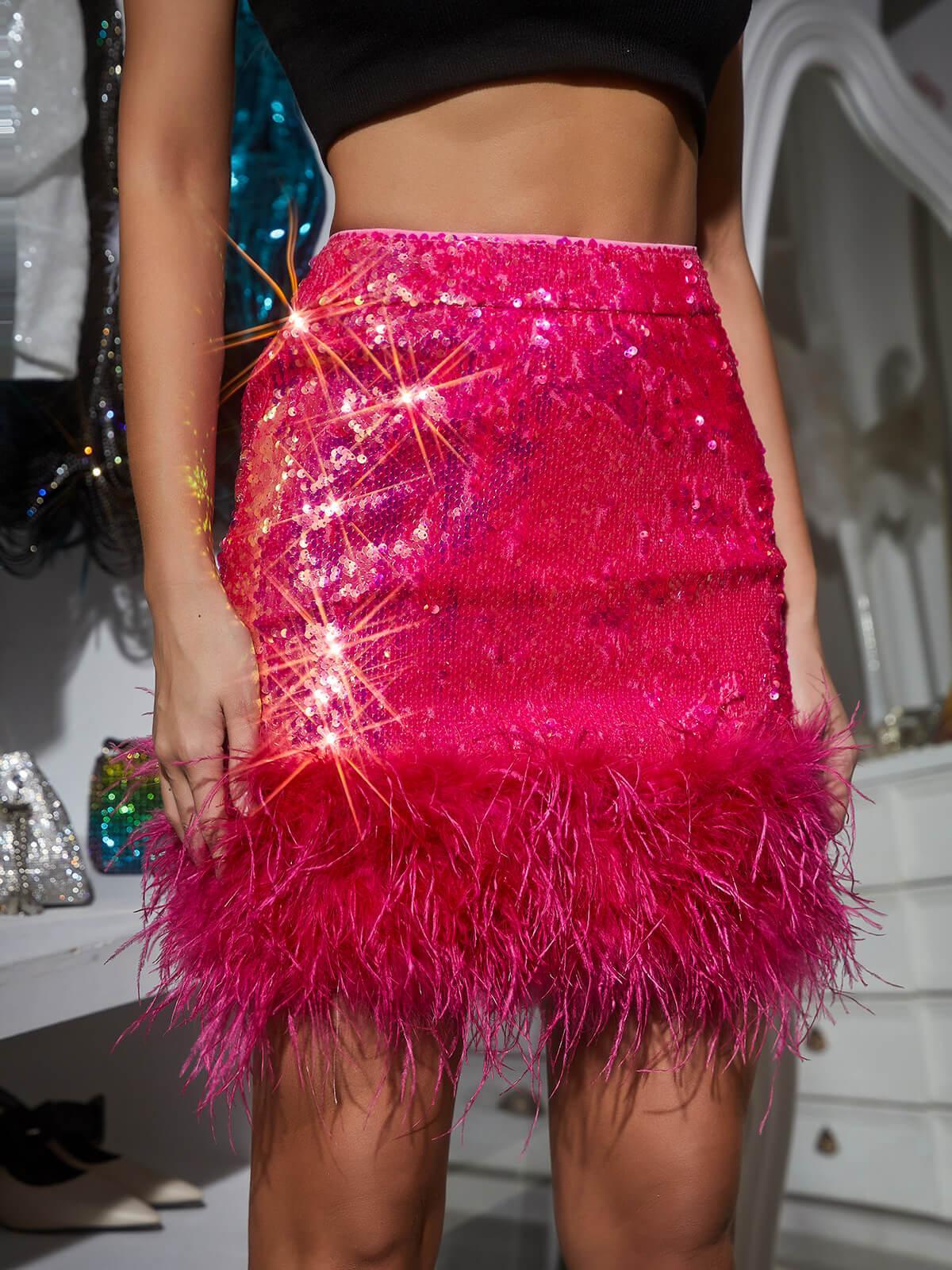 SEQUIN FEATHER SKIRT IN HOT PINK