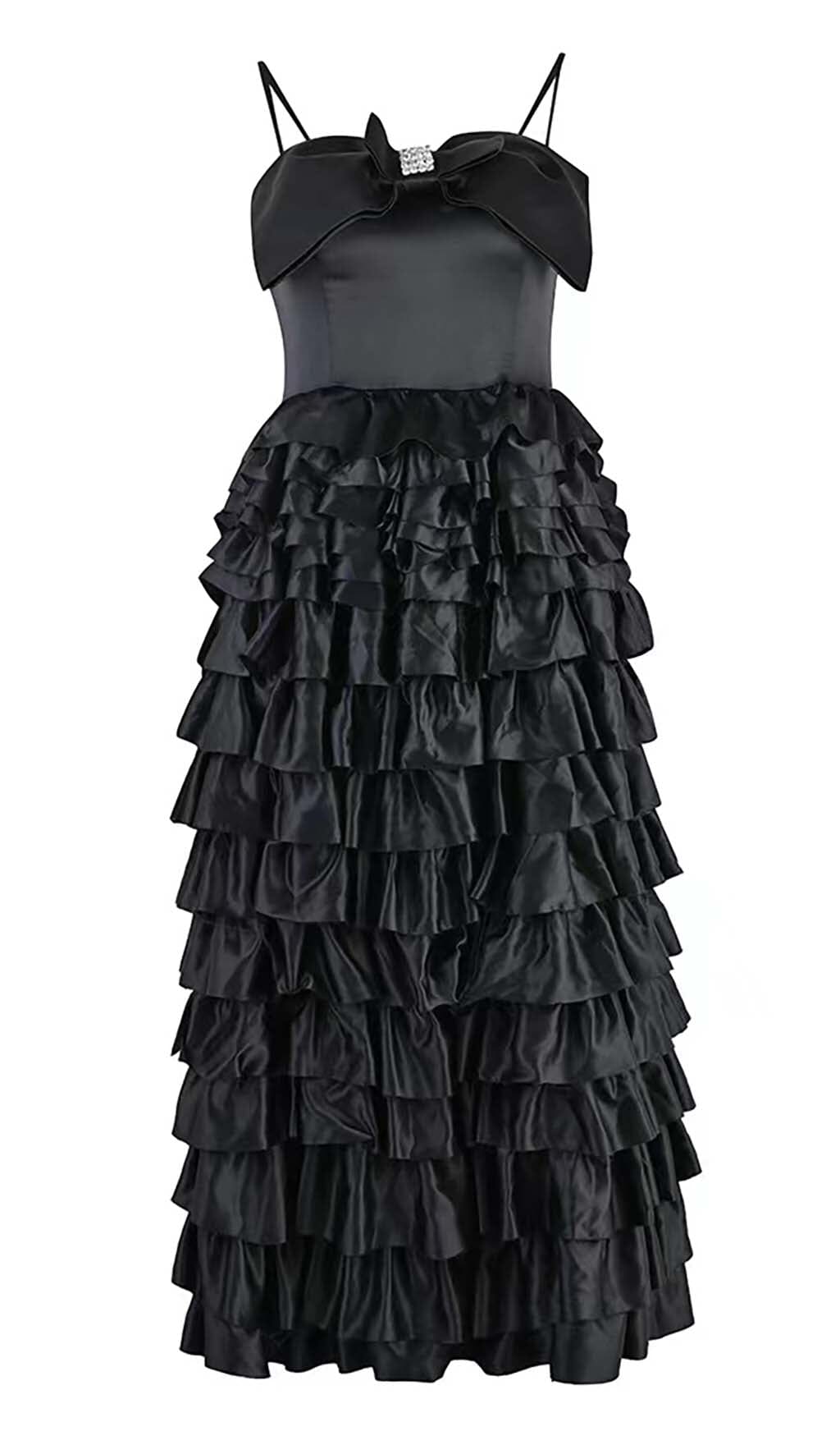 LAYERED BOW-EMBELLISHED MAXI DRESS IN BLACK