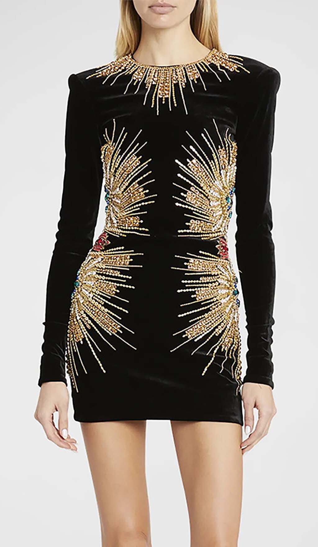 LONG-SLEEVE EMBELLISHED MINI DRESS IN BLACK DRESS styleofcbdress