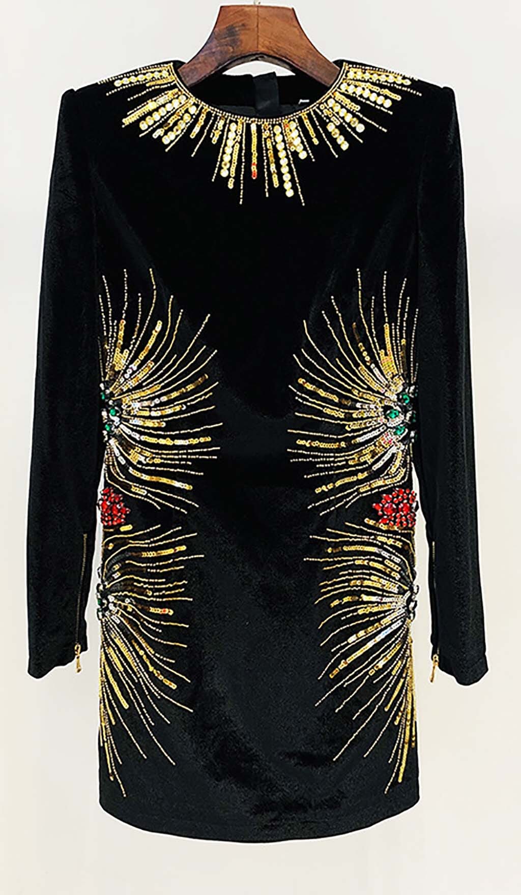 LONG-SLEEVE EMBELLISHED MINI DRESS IN BLACK DRESS styleofcbdress