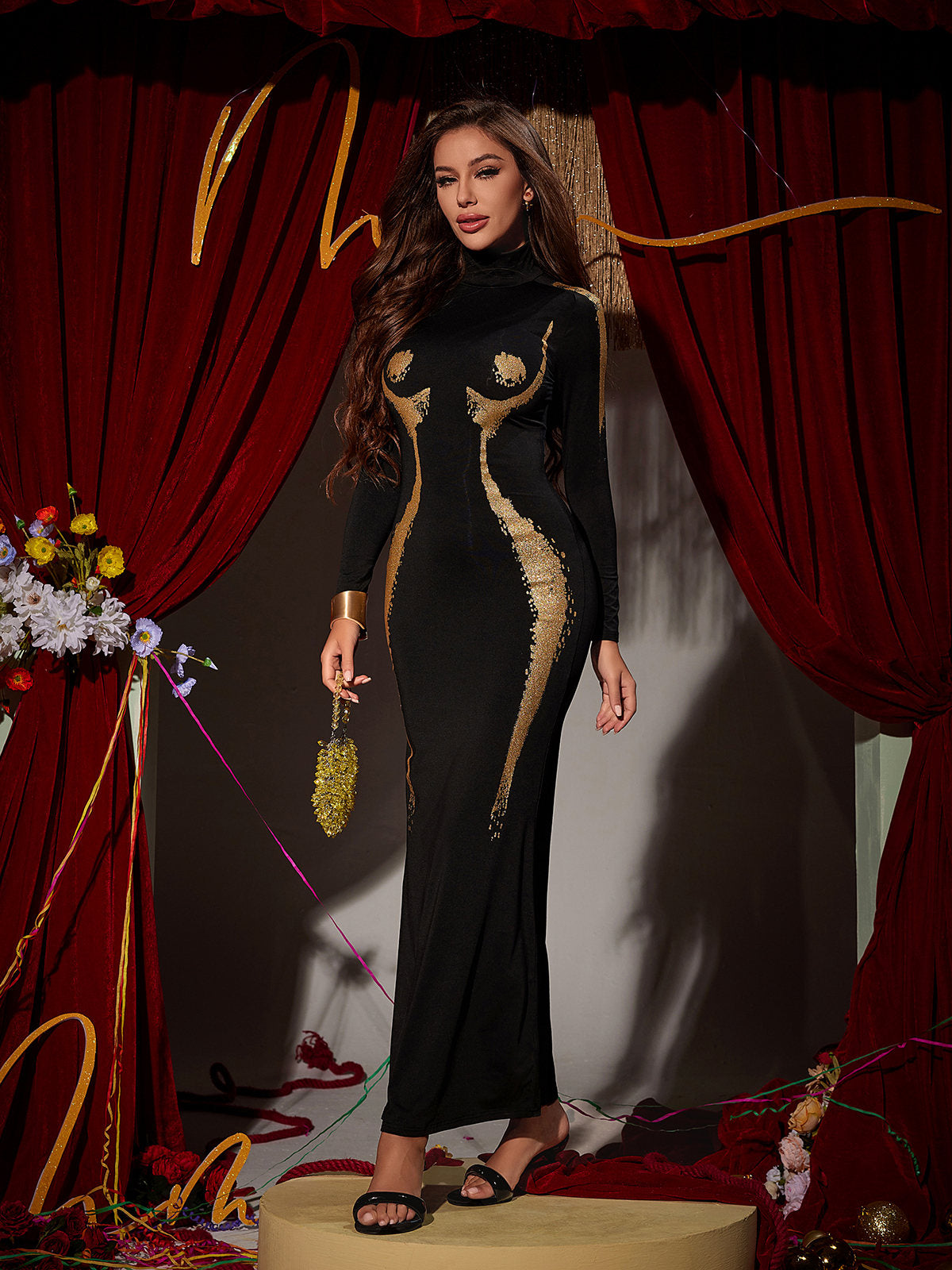 LONG SLEEVE BODY PRINTED MAXI DRESS
