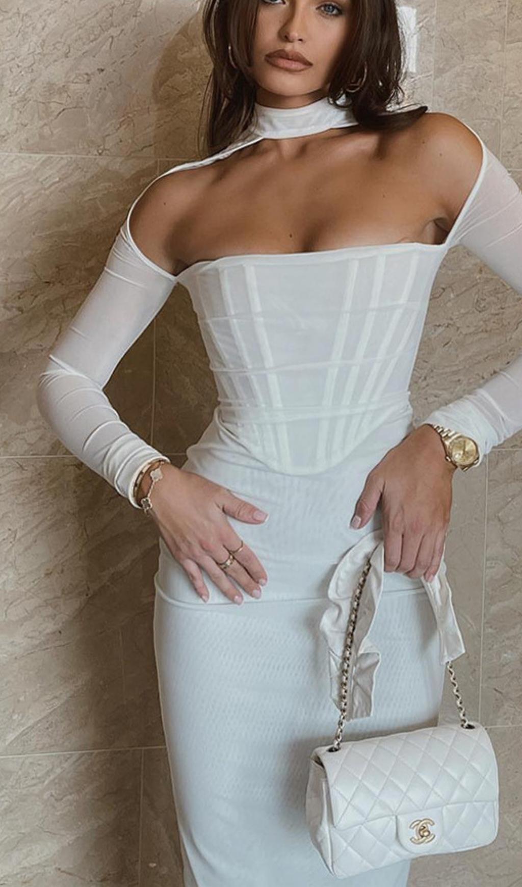 MESH CORSET MIDI DRESS IN WHITE Dresses styleofcb
