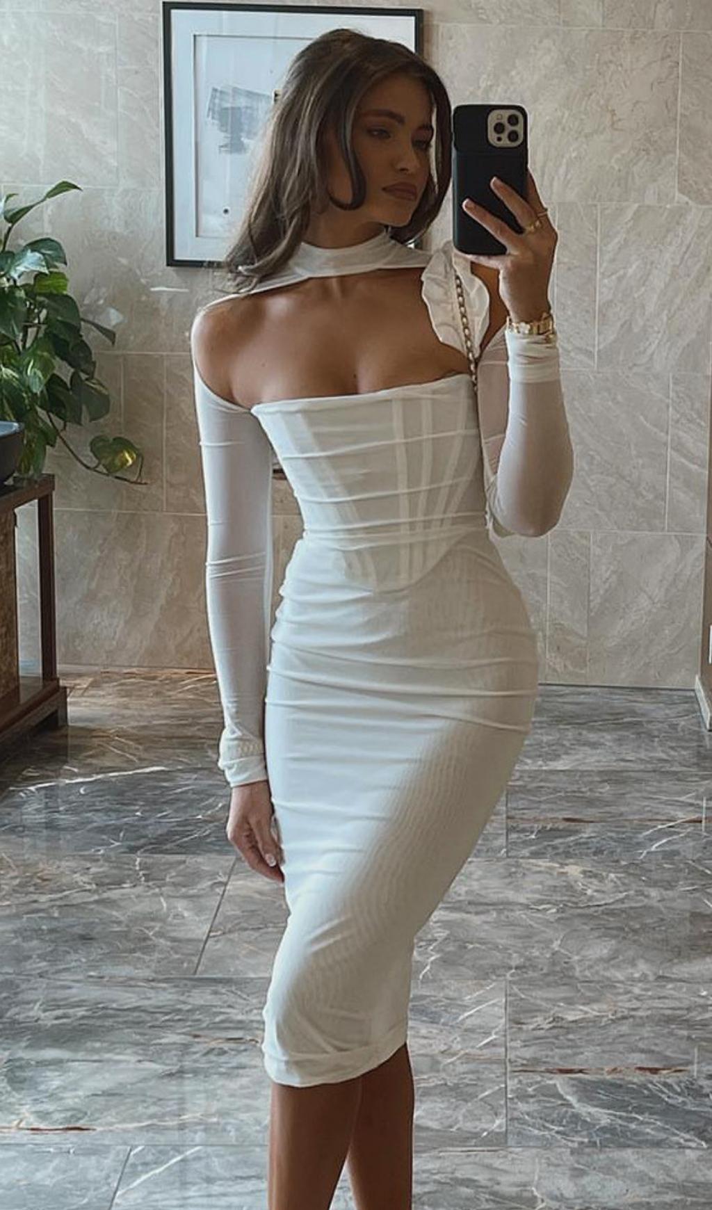 MESH CORSET MIDI DRESS IN WHITE Dresses styleofcb