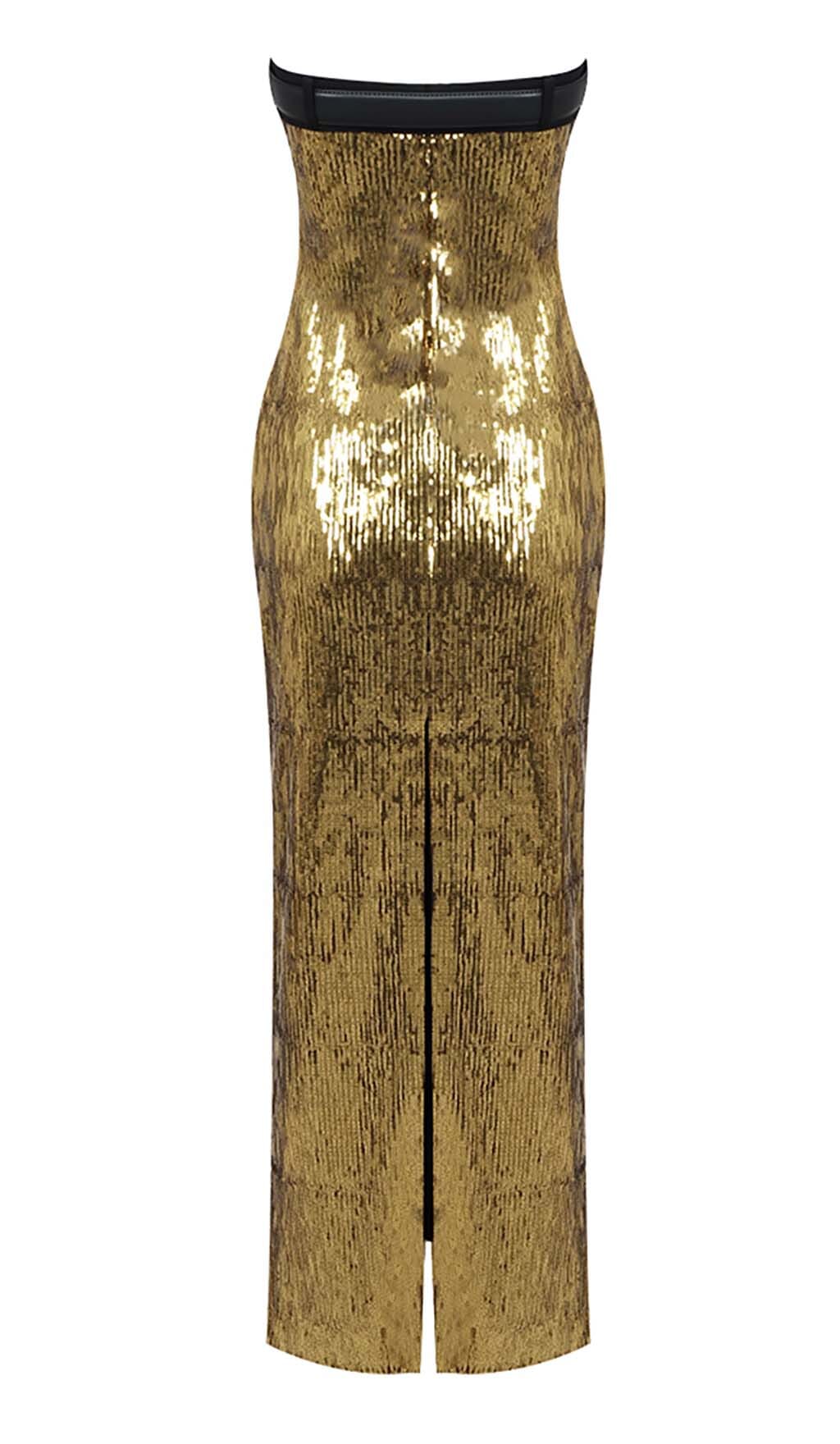 METALLIC STRAPLESS MIDI DRESS IN CHAMPAGNE styleofcb