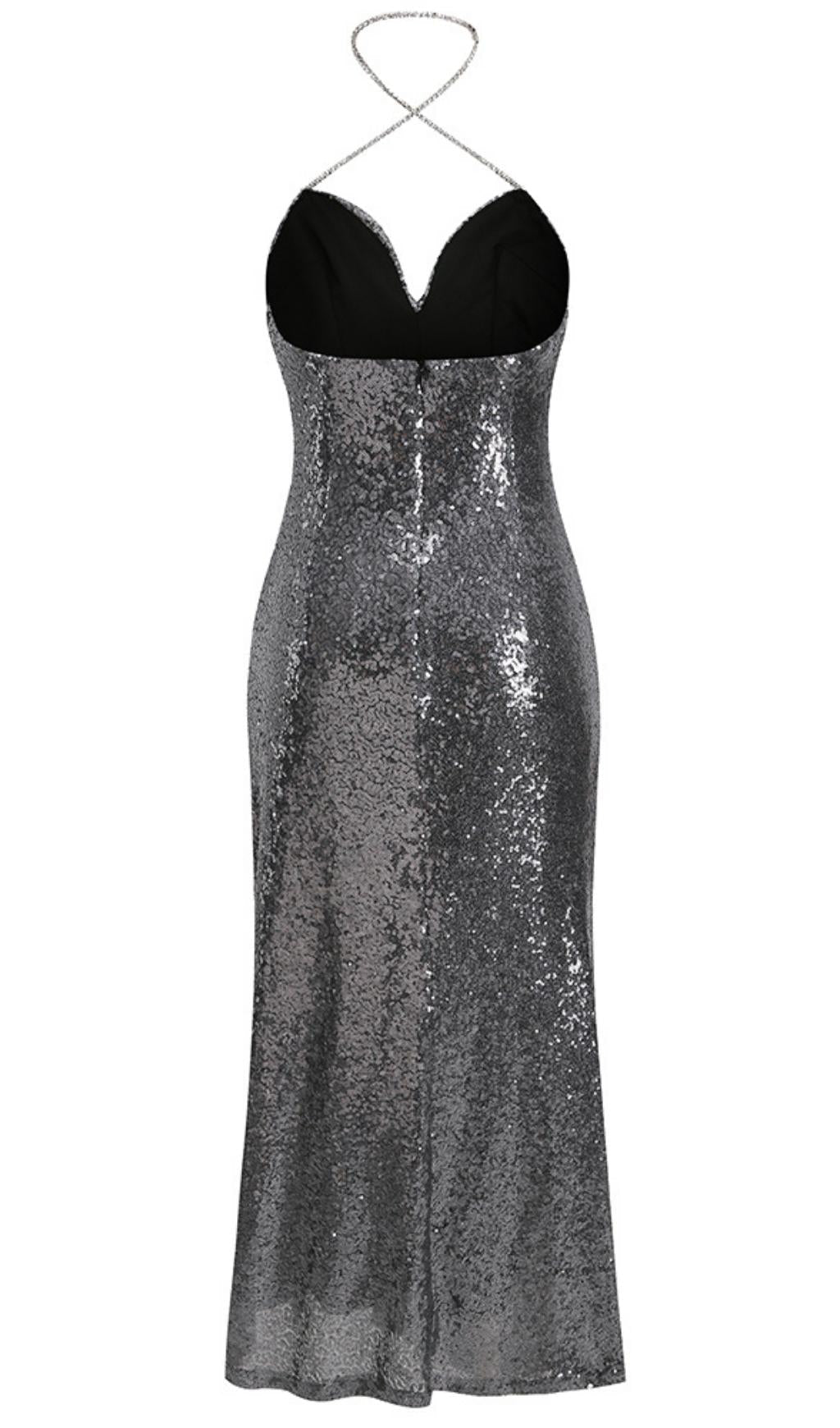 MIDI DRESS WITH SEQUINS SLITS IN SLIVER Dresses styleofcb