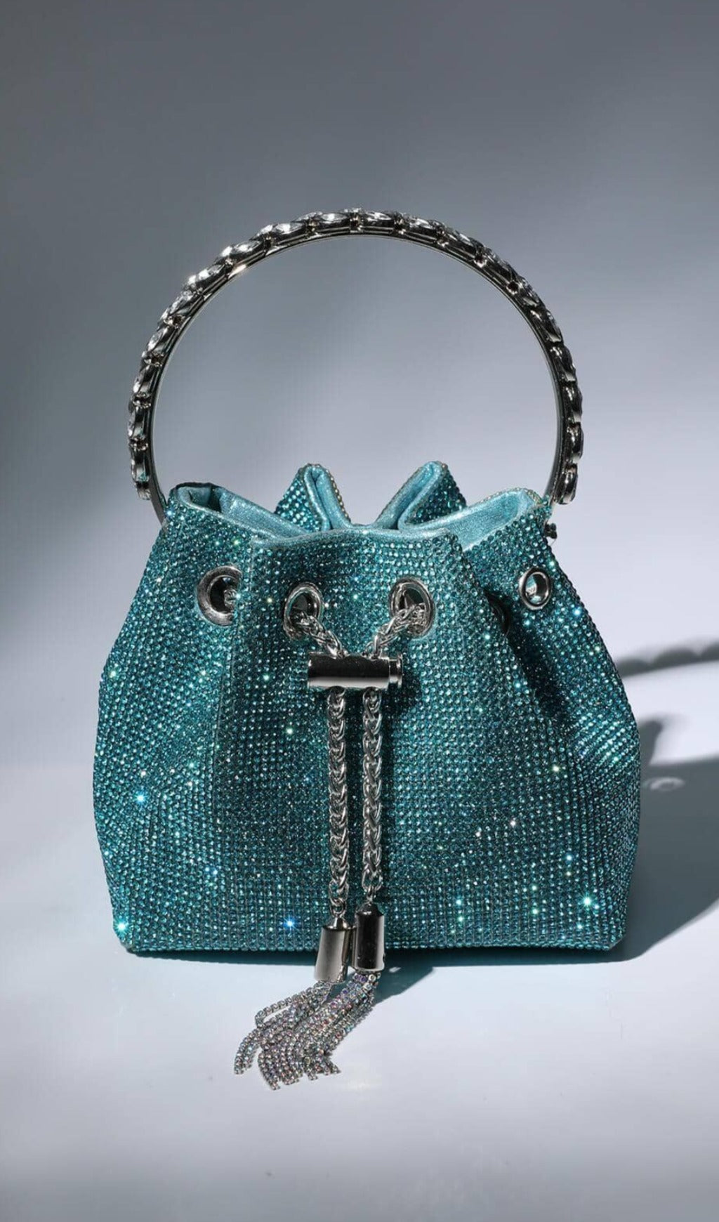 CRYSTAL EMBELLISHED BUCKET BAG IN BLUE Bags styleofcb
