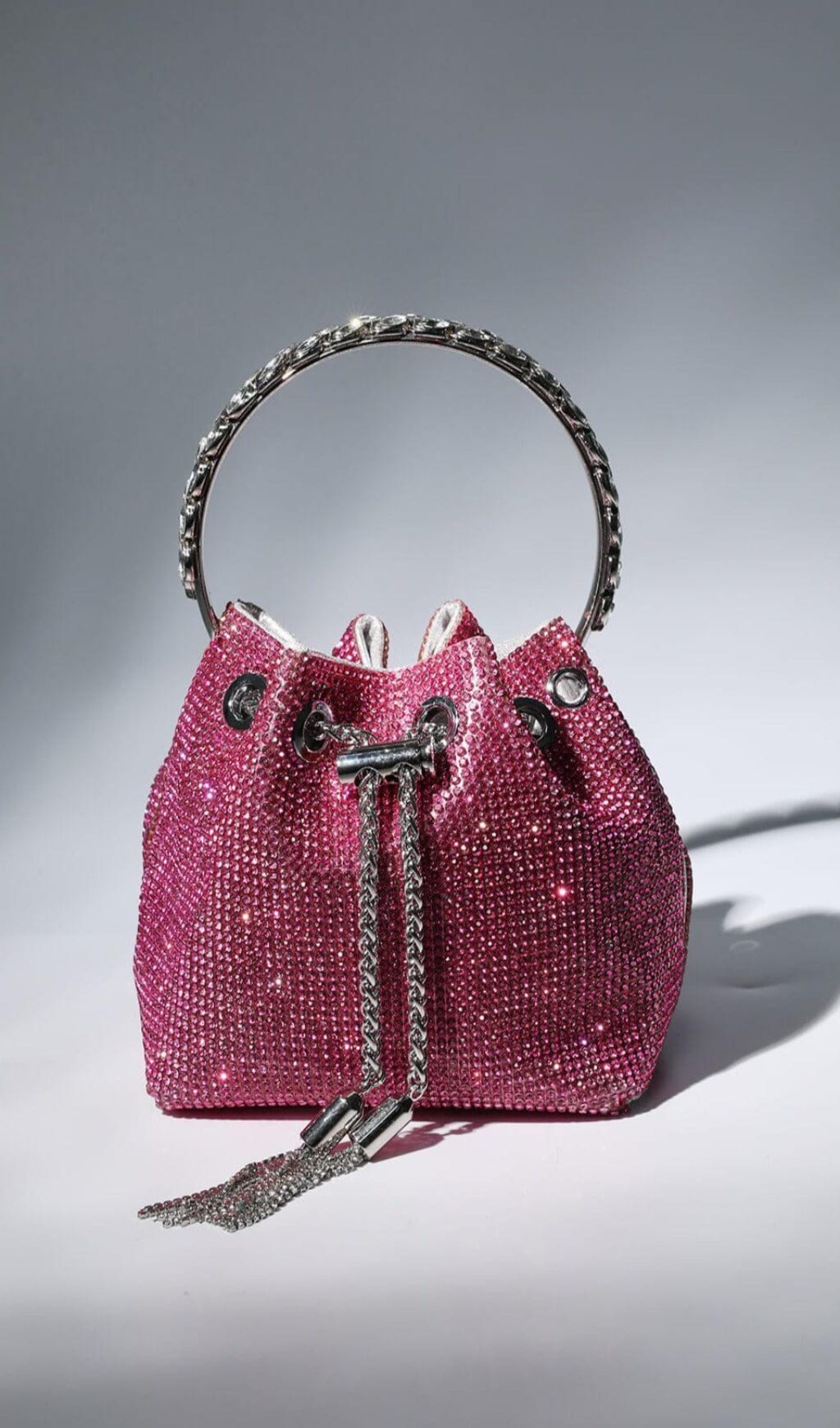 CRYSTAL EMBELLISHED BUCKET BAG IN HOT PINK Bags styleofcb