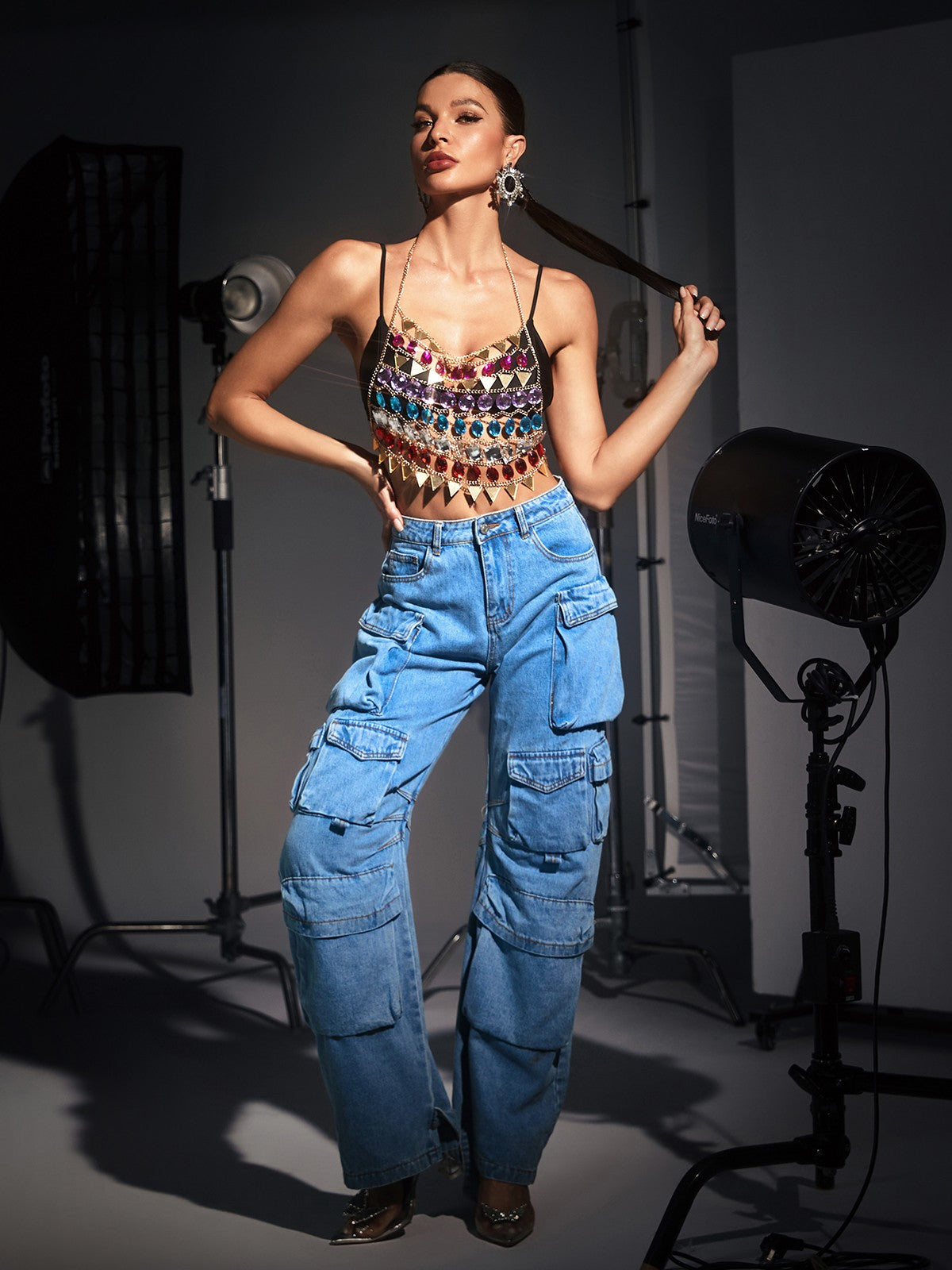RAINBOW RHINESTONE BODY CHAIN TOP