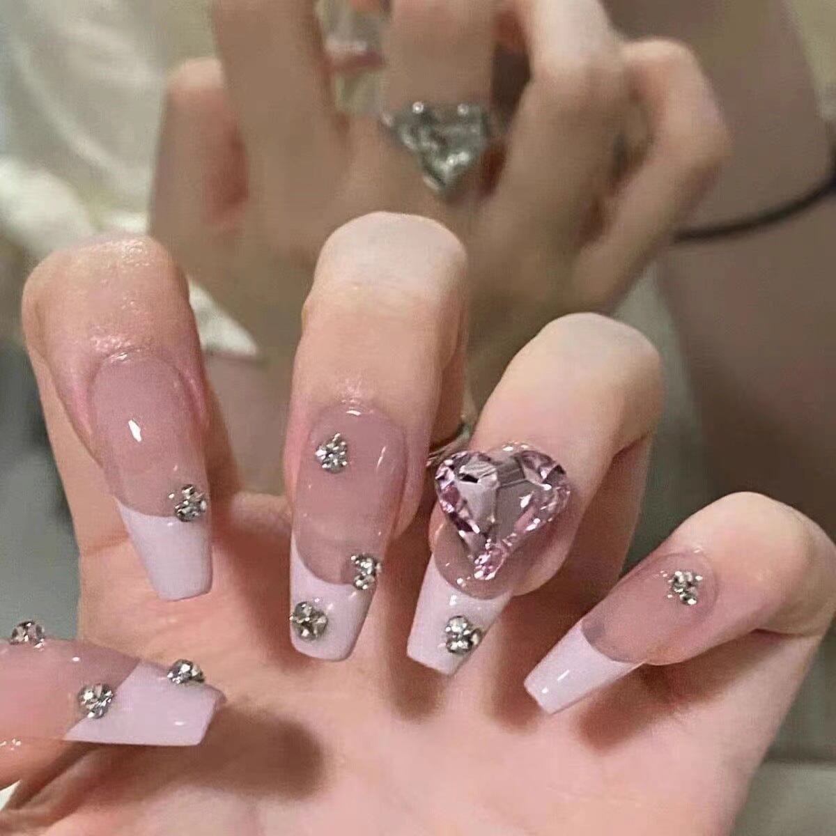 HEART CRYSTAL PINK FRENCH PRESS ON NAILS Press On Nails Oh CICI