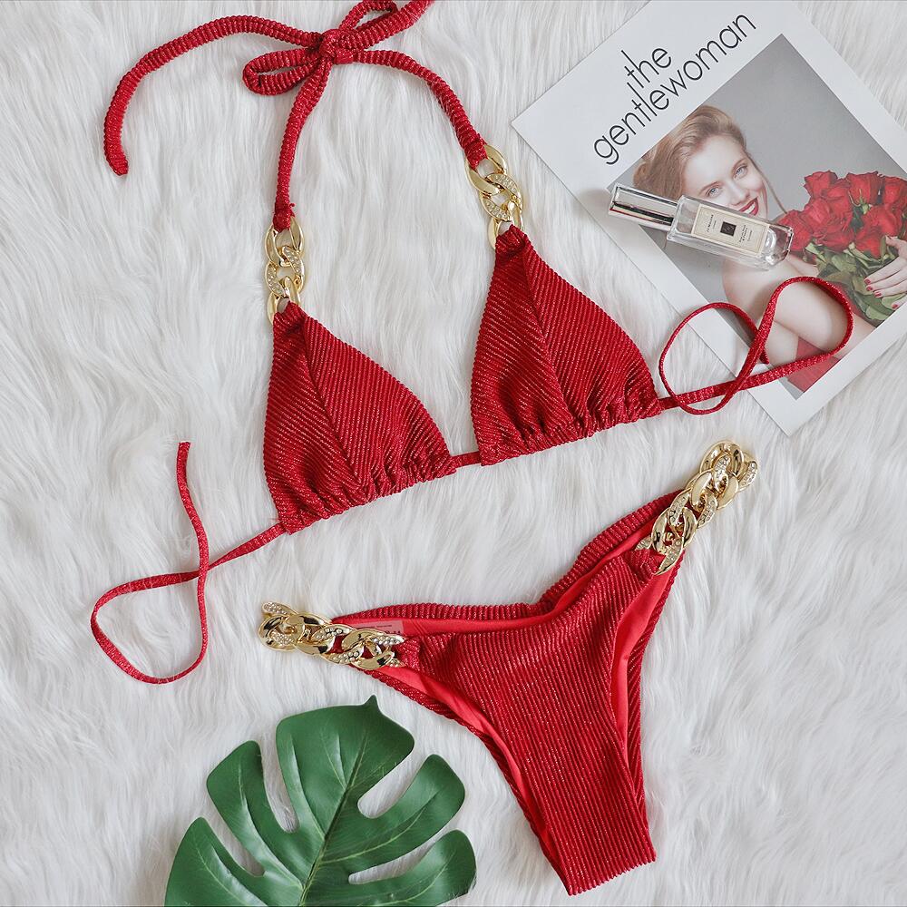 GOLD CHAIN BIKINI TWO PIECE SET IN RED-Swimwear-Oh CICI SHOP
