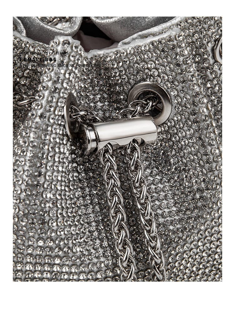 CRYSTAL EMBELLISHED BUCKET BAG IN SILVER Bags styleofcb