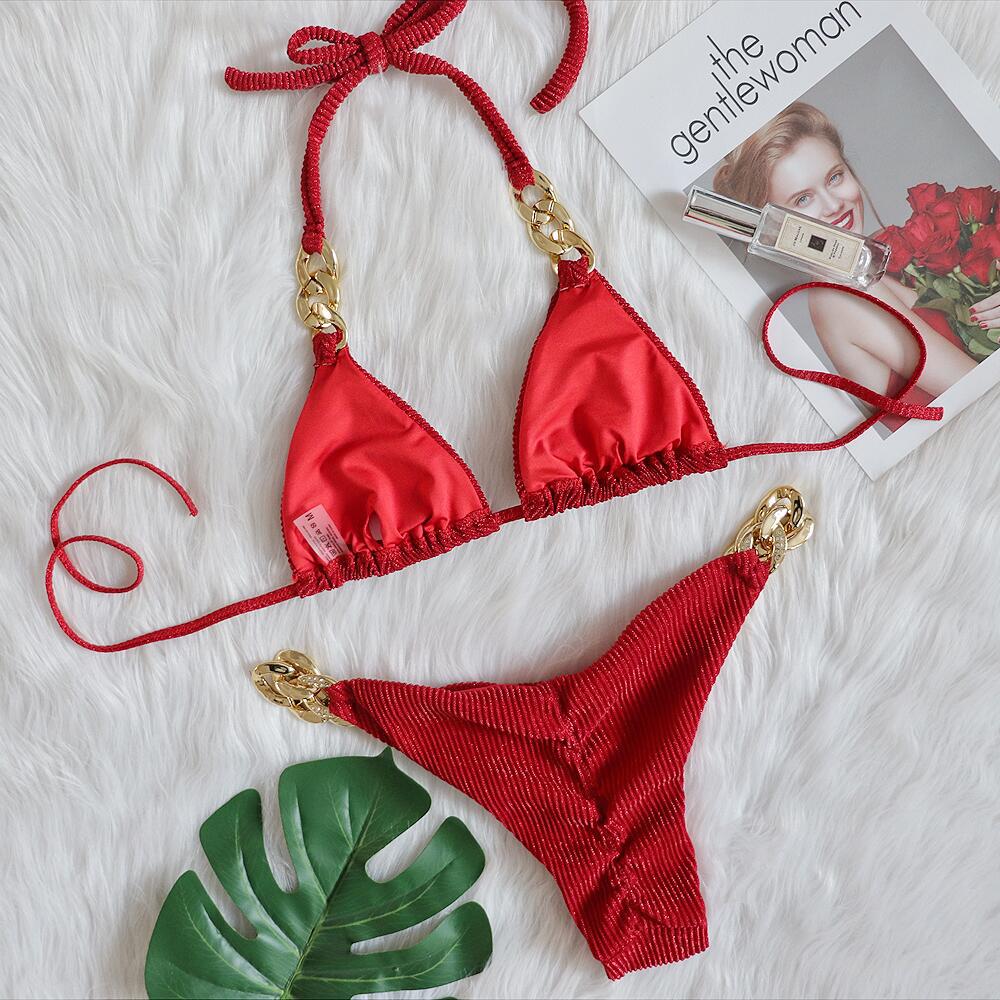 GOLD CHAIN BIKINI TWO PIECE SET IN RED-Swimwear-Oh CICI SHOP