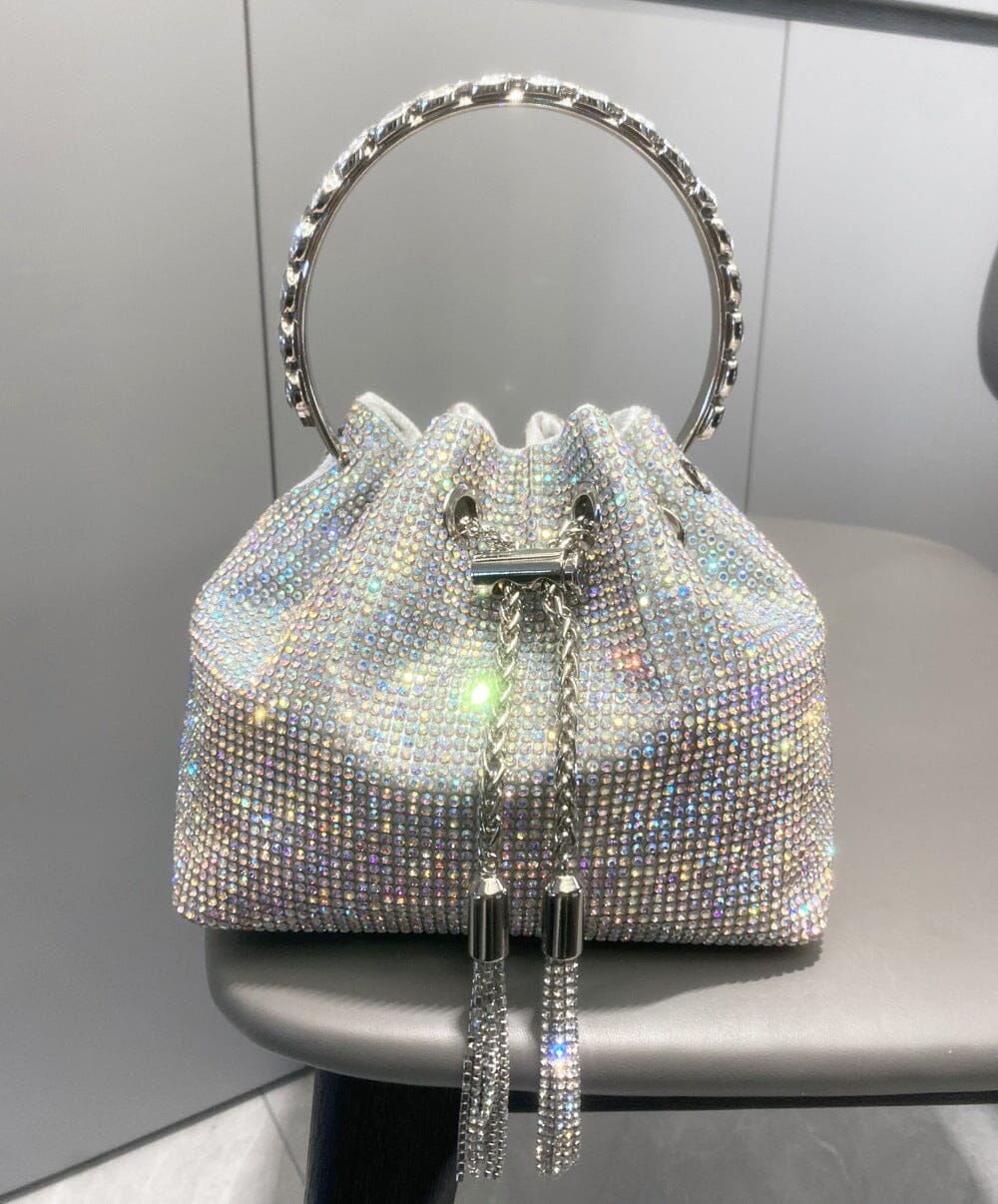 CRYSTAL EMBELLISHED BUCKET BAG IN SILVER Bags styleofcb