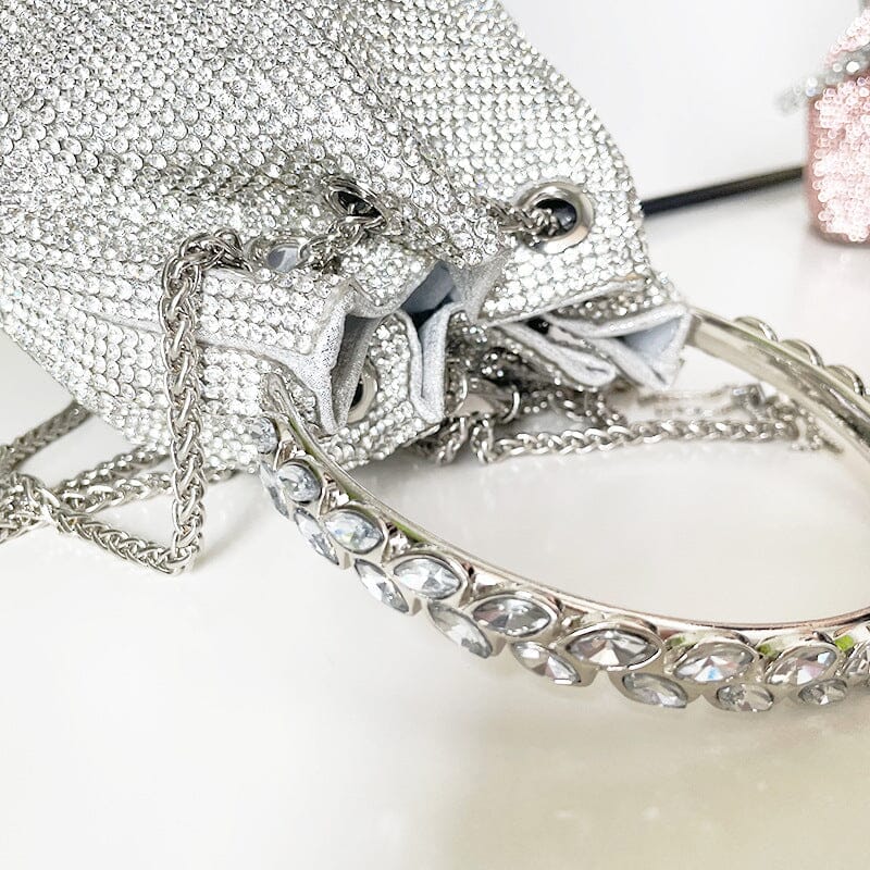 CRYSTAL EMBELLISHED BUCKET BAG IN SILVER Bags styleofcb