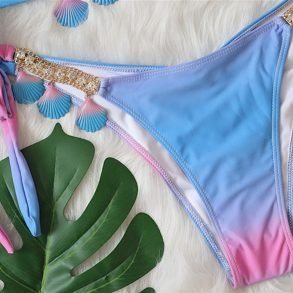OMBRE RHINESTONE TRIMMED BIKINI TWO PIECE SET IN PURPLE-Swimwear-Oh CICI SHOP