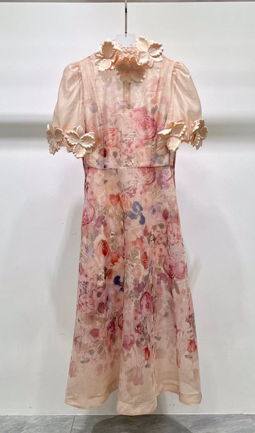 PRINTED FLOWER EMBELLISHED MIDI DRESS