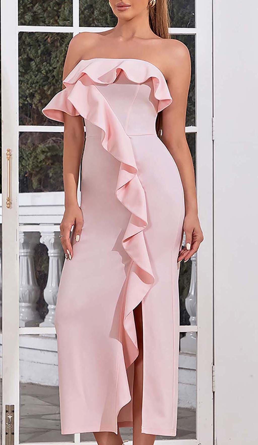 ONE SHOULDER RUFFLE TRIM MIDI DRESS IN PINK DRESS STYLE OF CB