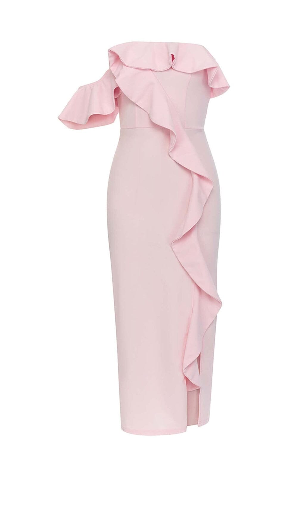 ONE SHOULDER RUFFLE TRIM MIDI DRESS IN PINK DRESS STYLE OF CB
