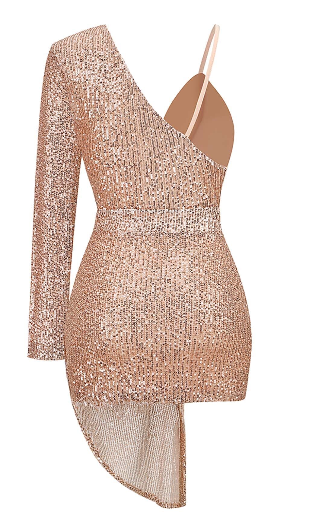 ONE SLEEVE SEQUINS MINI DRESS IN GOLD DRESS STYLE OF CB