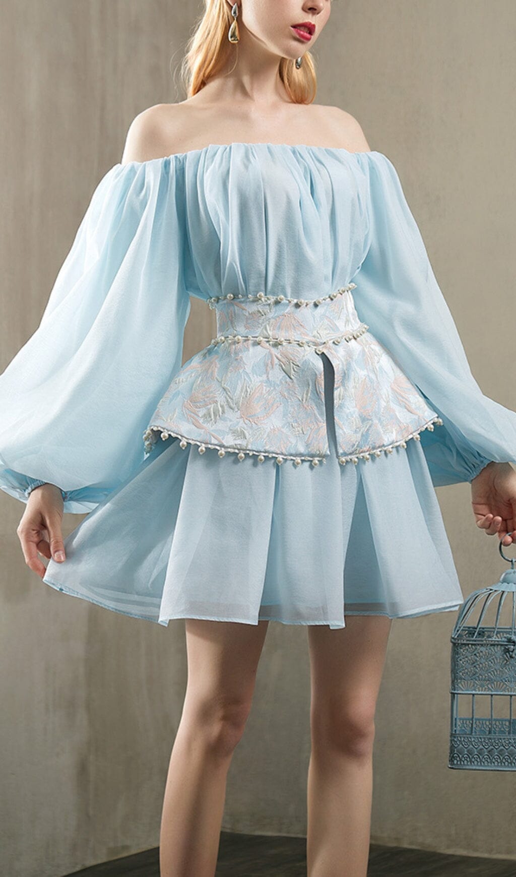 PEARL TRIM LONG SLEEVE MINI DRESS IN BLUE DRESS sis label