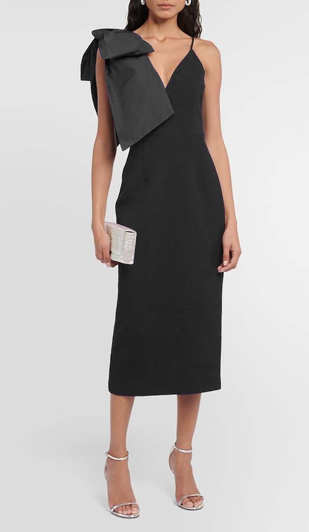 PLUNGING NECKLINE BOW MIDI DRESS IN BLACK DRESS sis label