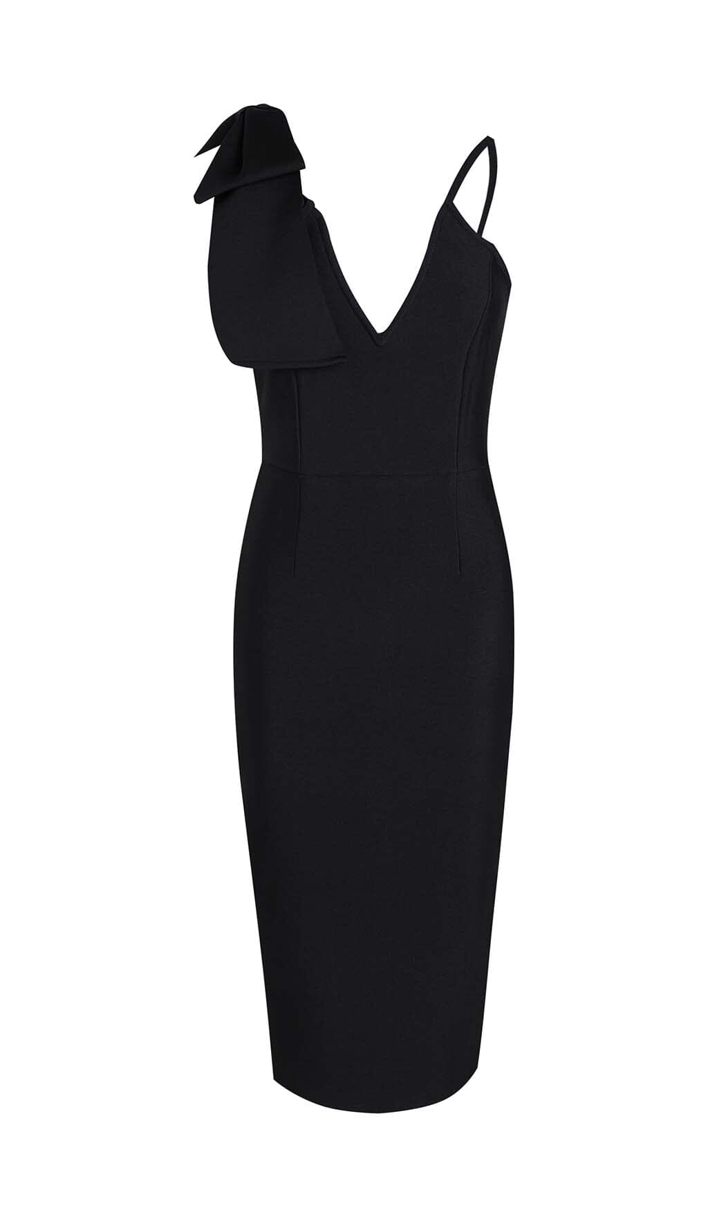 PLUNGING NECKLINE BOW MIDI DRESS IN BLACK DRESS sis label