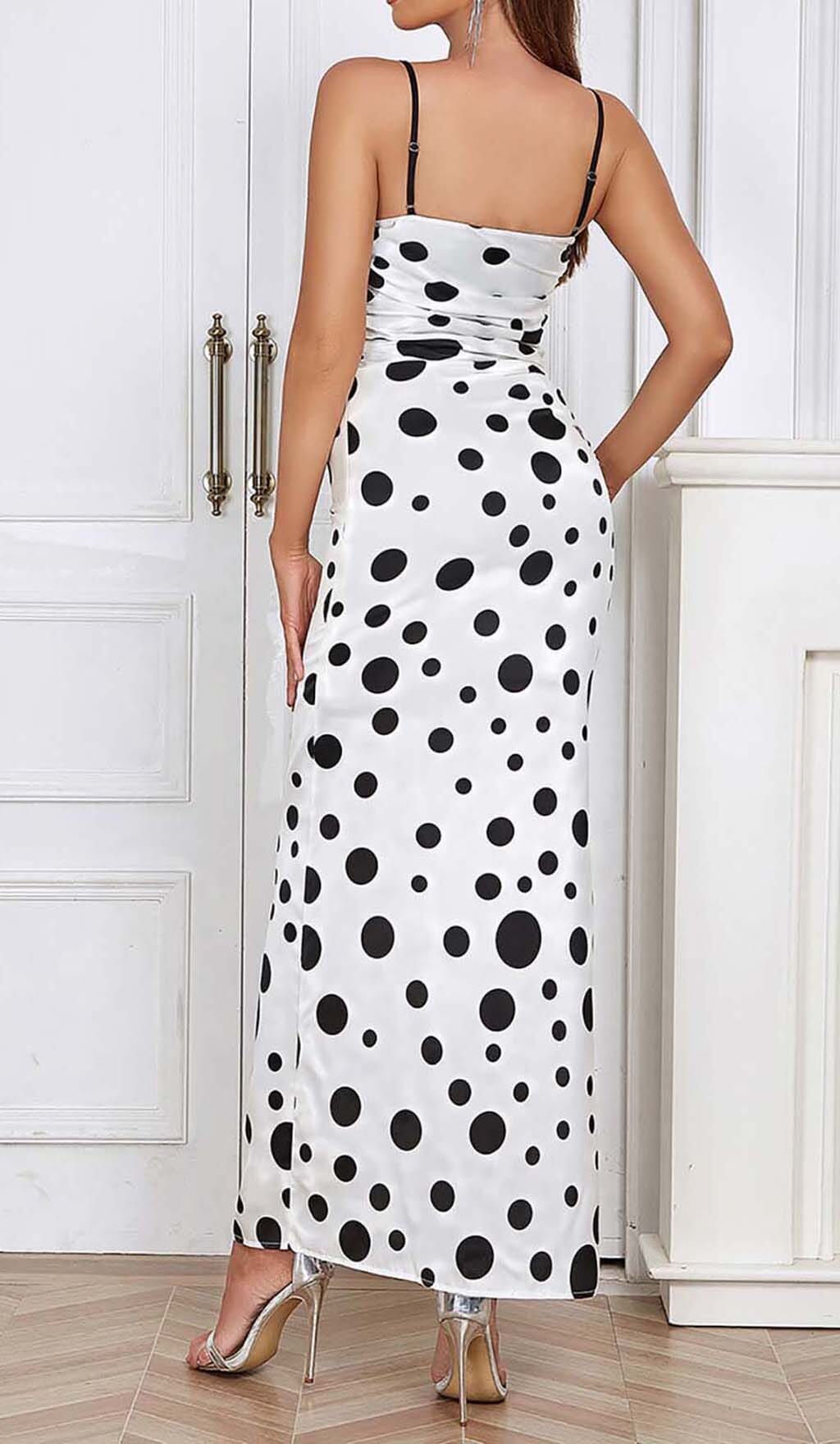 POLKA DOT PRINT RUCHED MERMAID MAXI DRESS DRESS styleofcbdress