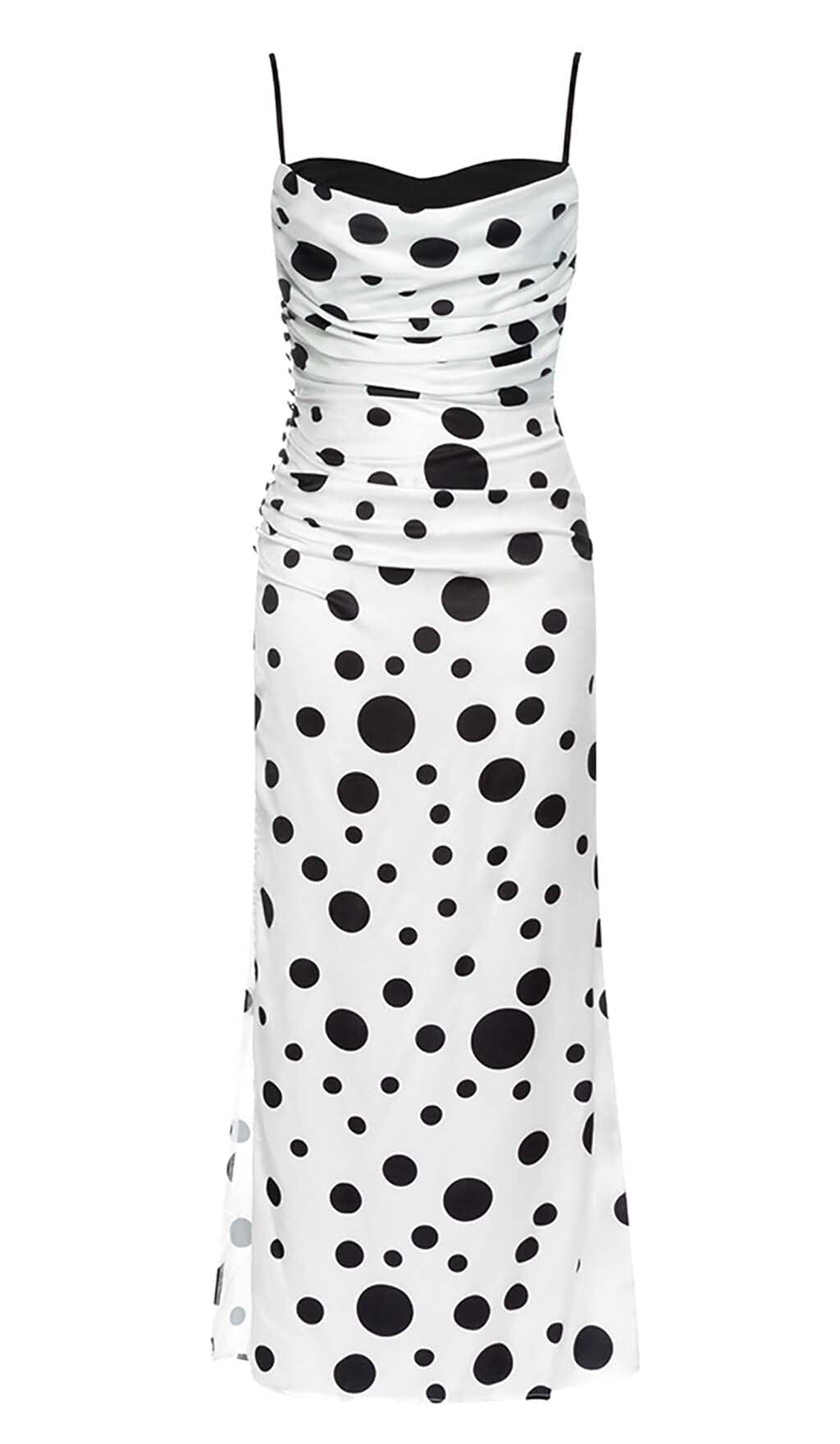 POLKA DOT PRINT RUCHED MERMAID MAXI DRESS DRESS styleofcbdress