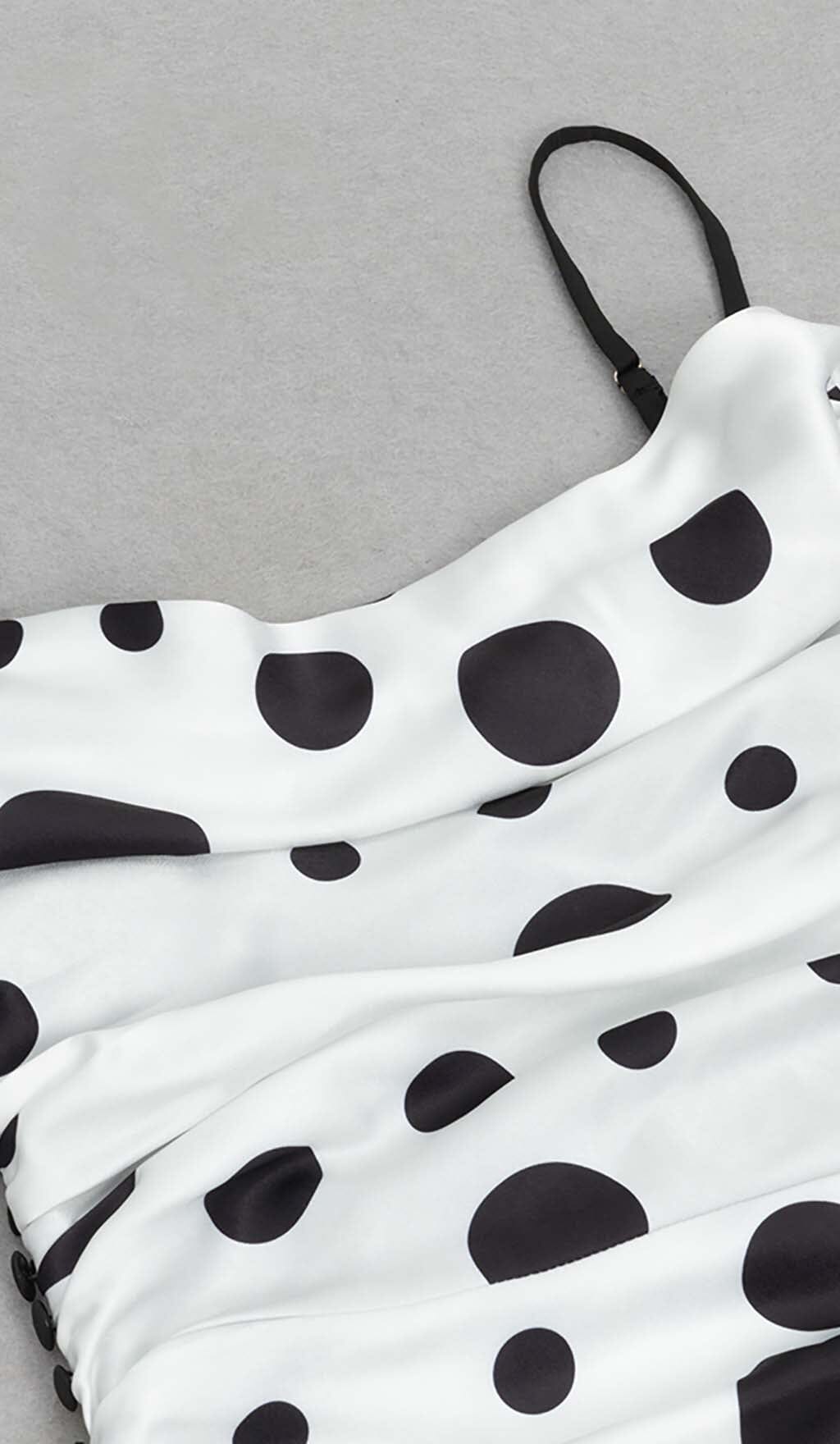 POLKA DOT PRINT RUCHED MERMAID MAXI DRESS DRESS styleofcbdress