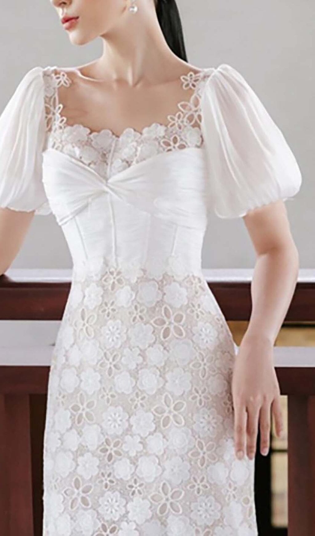 PUFF SLEEVE LACE MIDI DRESS IN WHITE DRESS STYLE OF CB