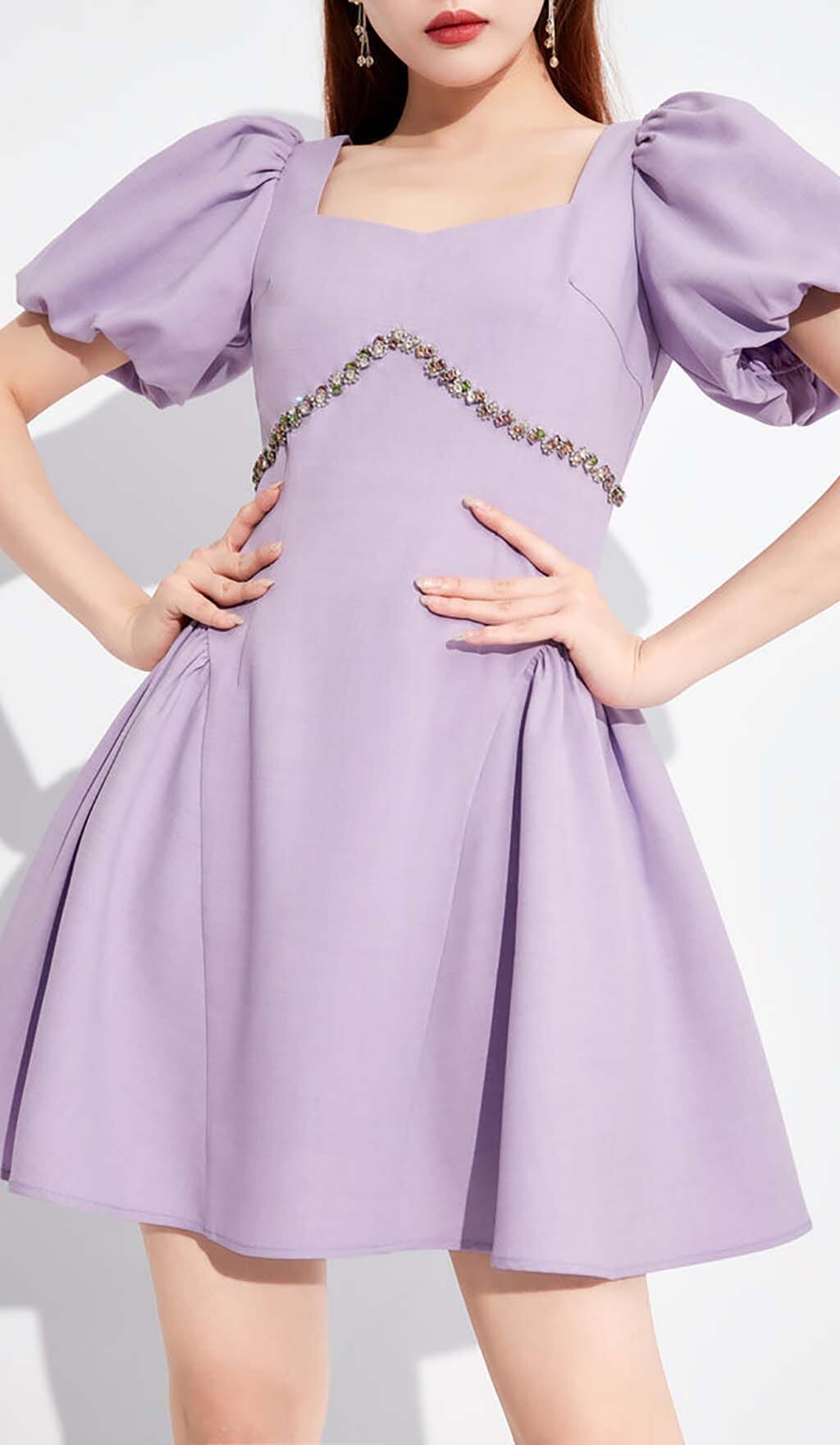 PUFF SLEEVES WAIST-TIGHTENING MINI DRESS IN LILAC DRESS styleofcb