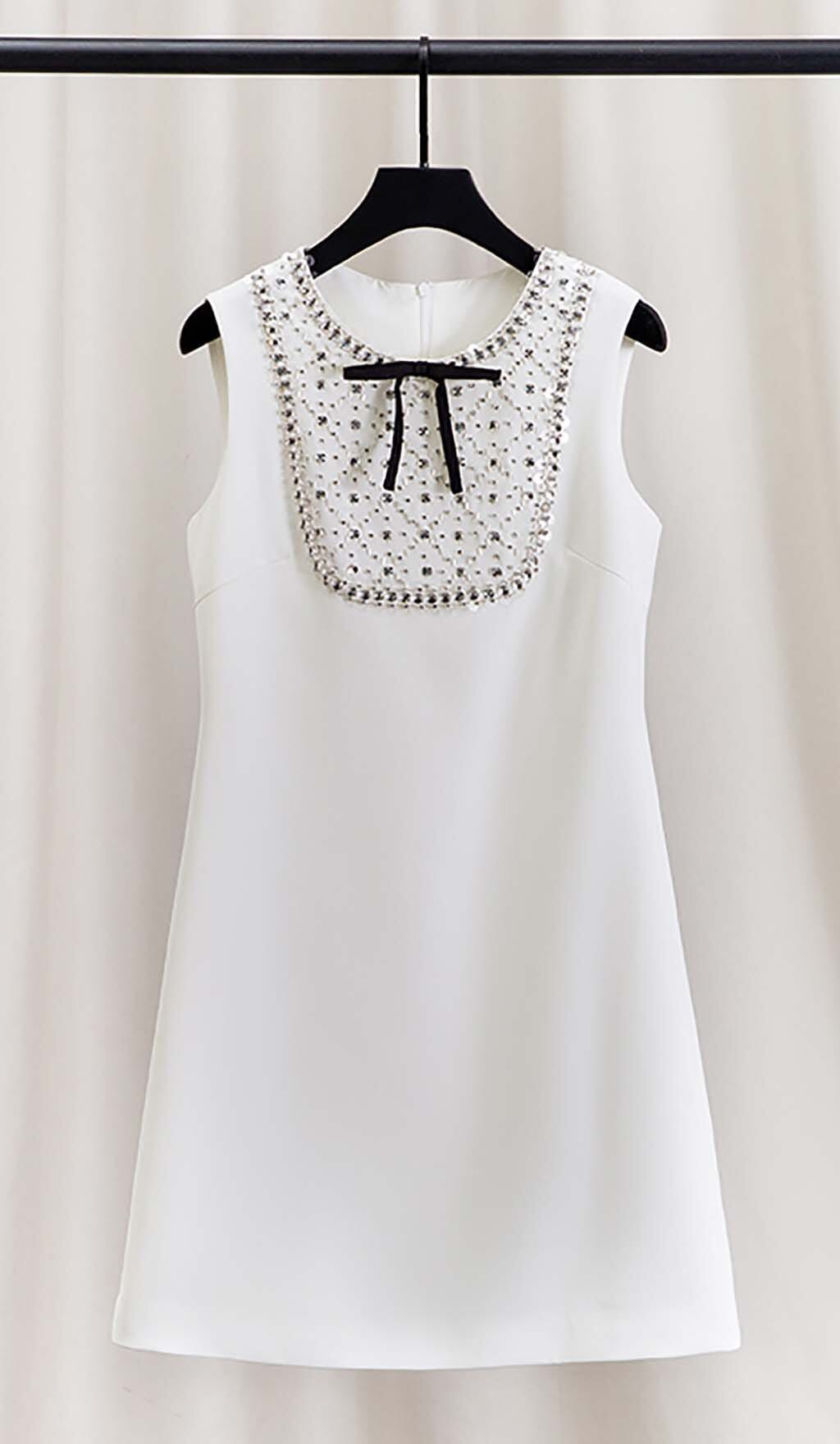 RHINESTONE BOW TIE MINI DRESS IN WHITE styleofcb