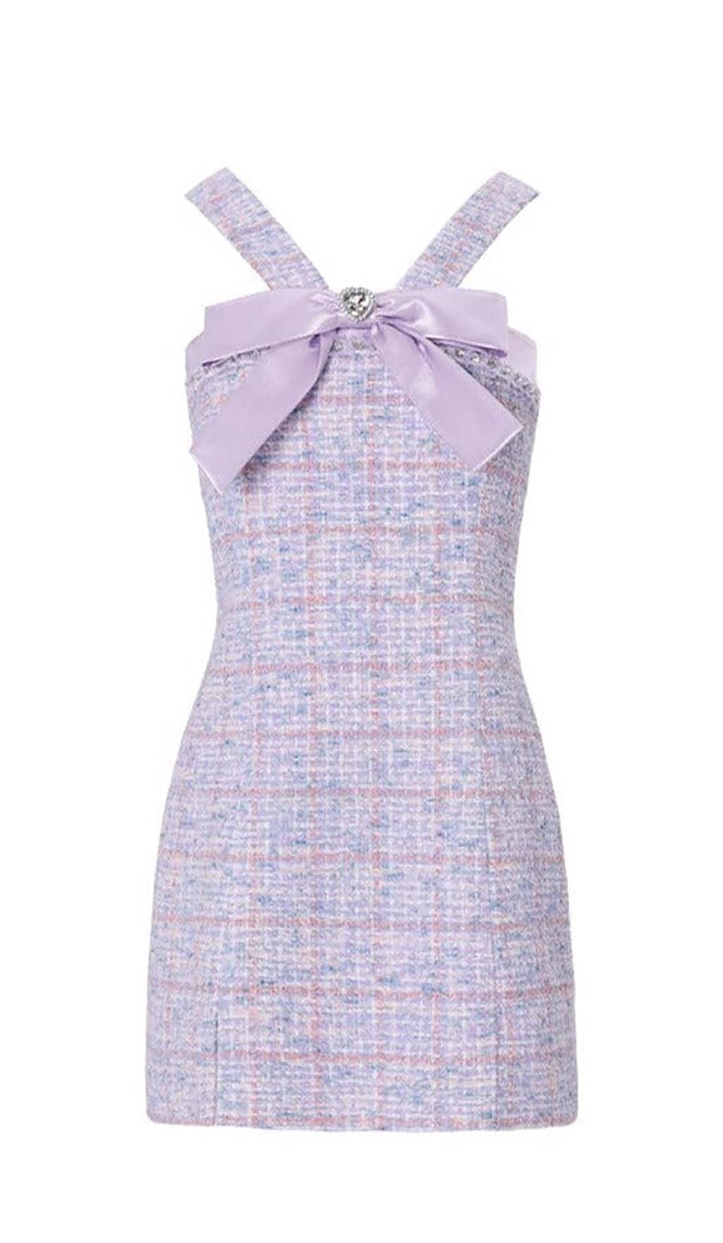 RHINESTONE BOWTIE TWEED MINI DRESS IN PURPLE DRESS STYLE OF CB