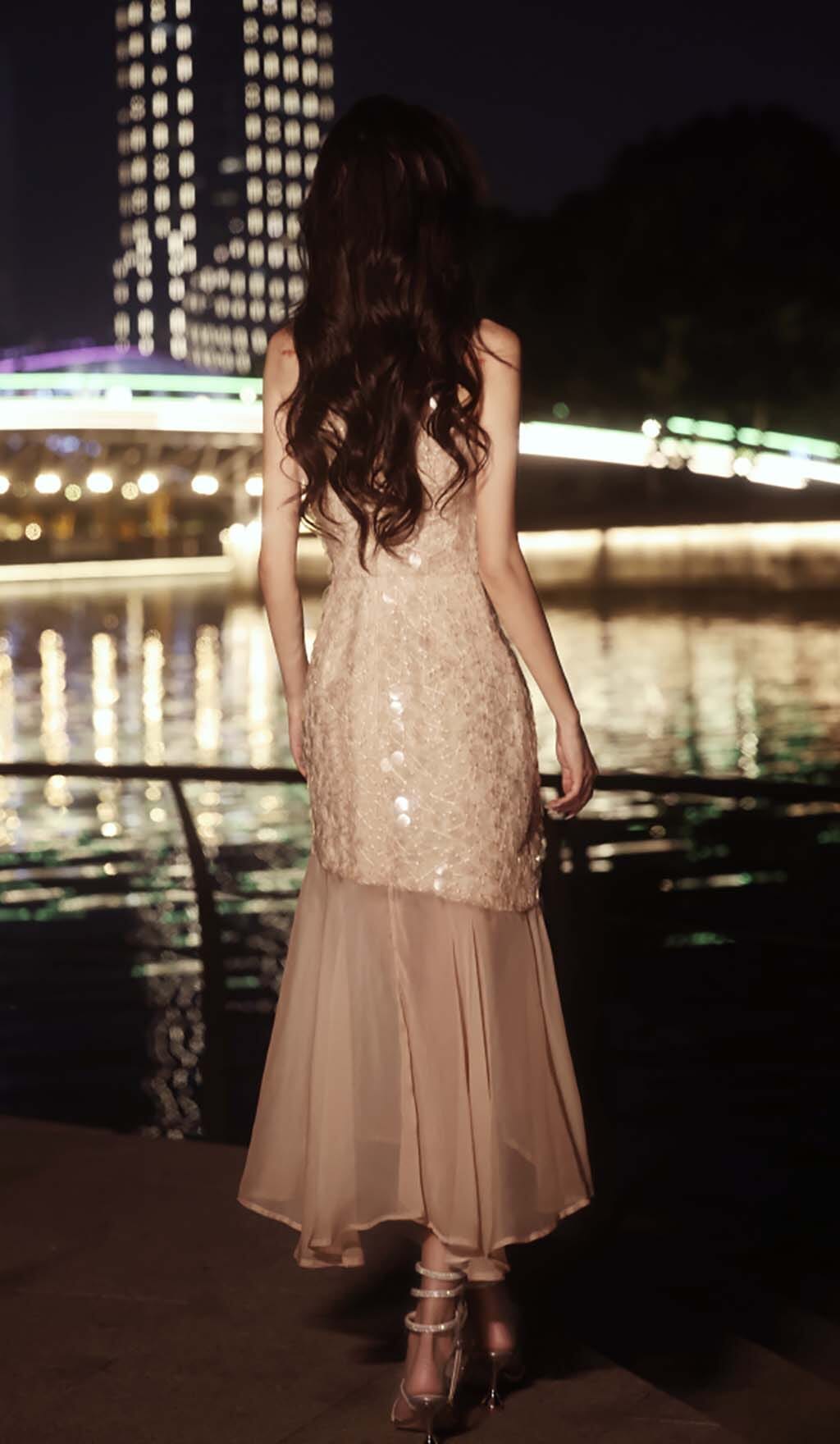 RHINESTONE MERMAID MIDI DRESS IN KHAKI DRESS STYLE OF CB