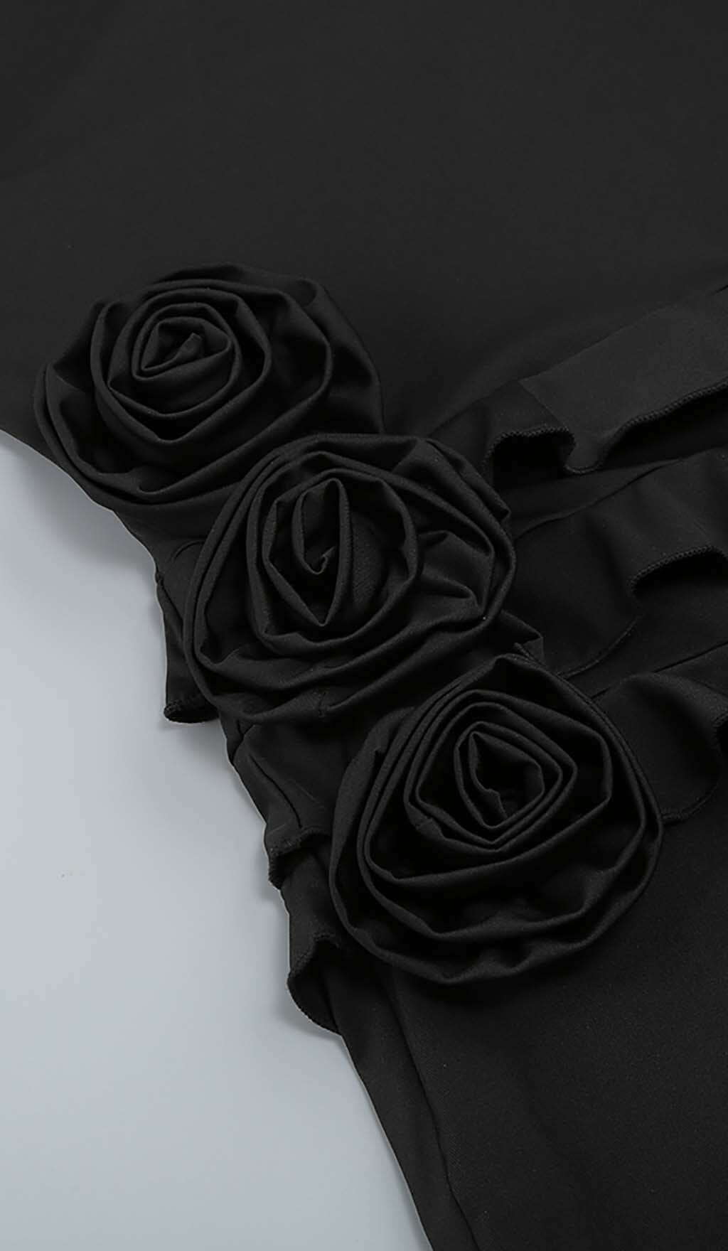 ROSE-DETAIL RUFFLED MINI DRESS IN BLACK DRESS styleofcb
