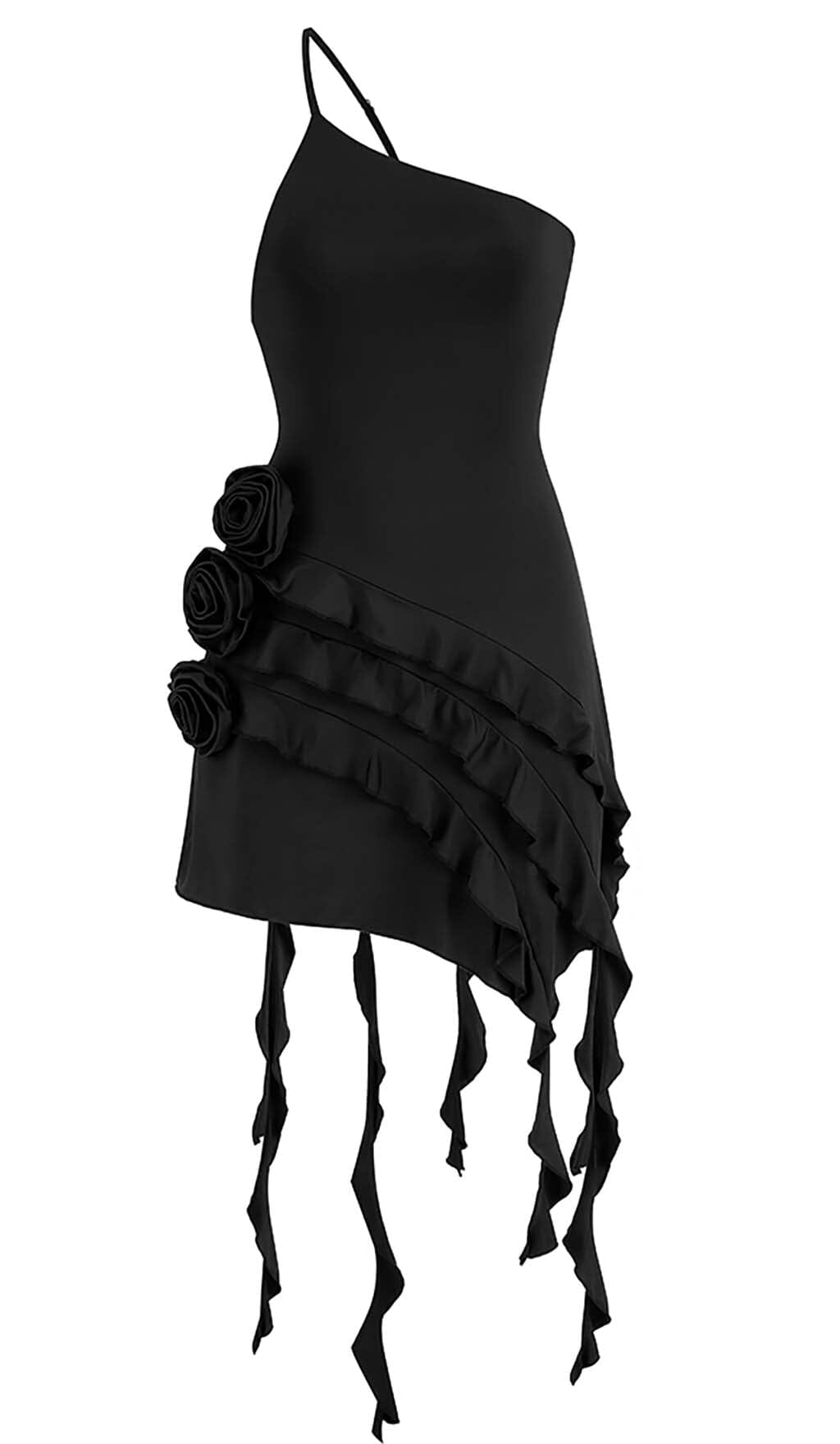 ROSE-DETAIL RUFFLED MINI DRESS IN BLACK DRESS styleofcb