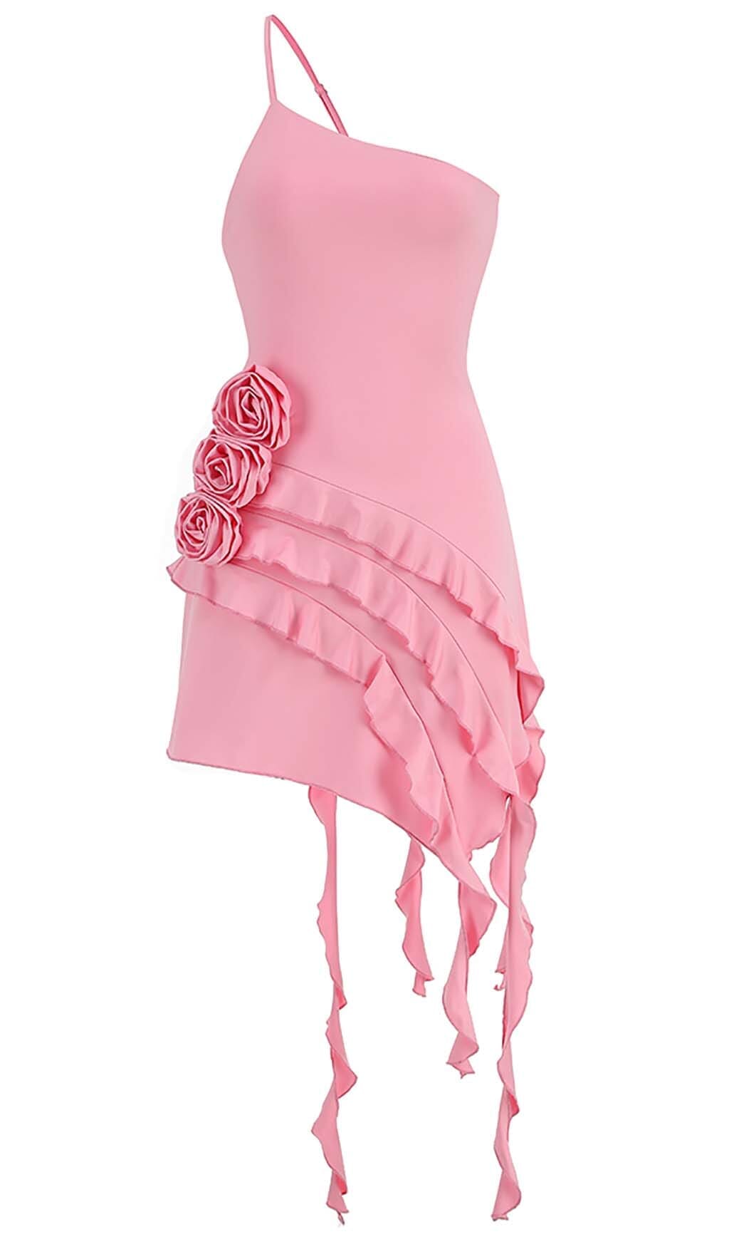 ROSE-DETAIL RUFFLED MINI DRESS IN PINK DRESS styleofcb