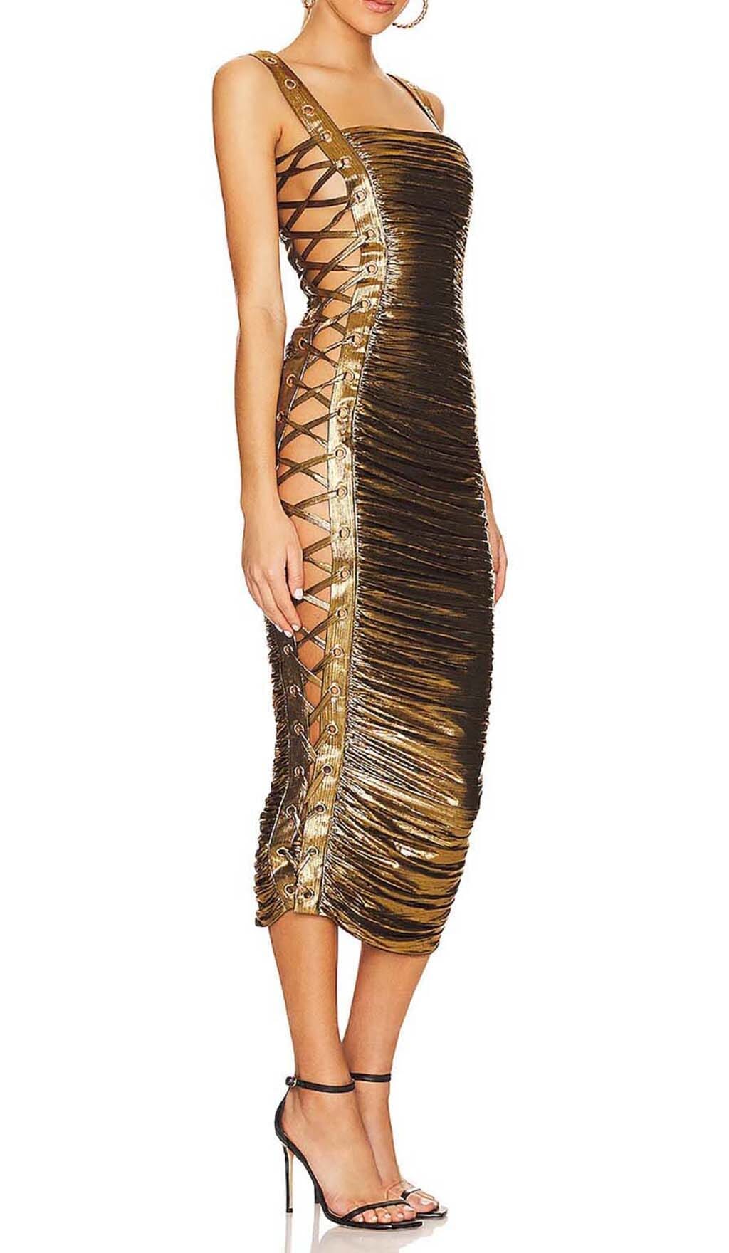 RUCHED METALLIC MIDI DRESS IN GOLD DRESS STYLE OF CB