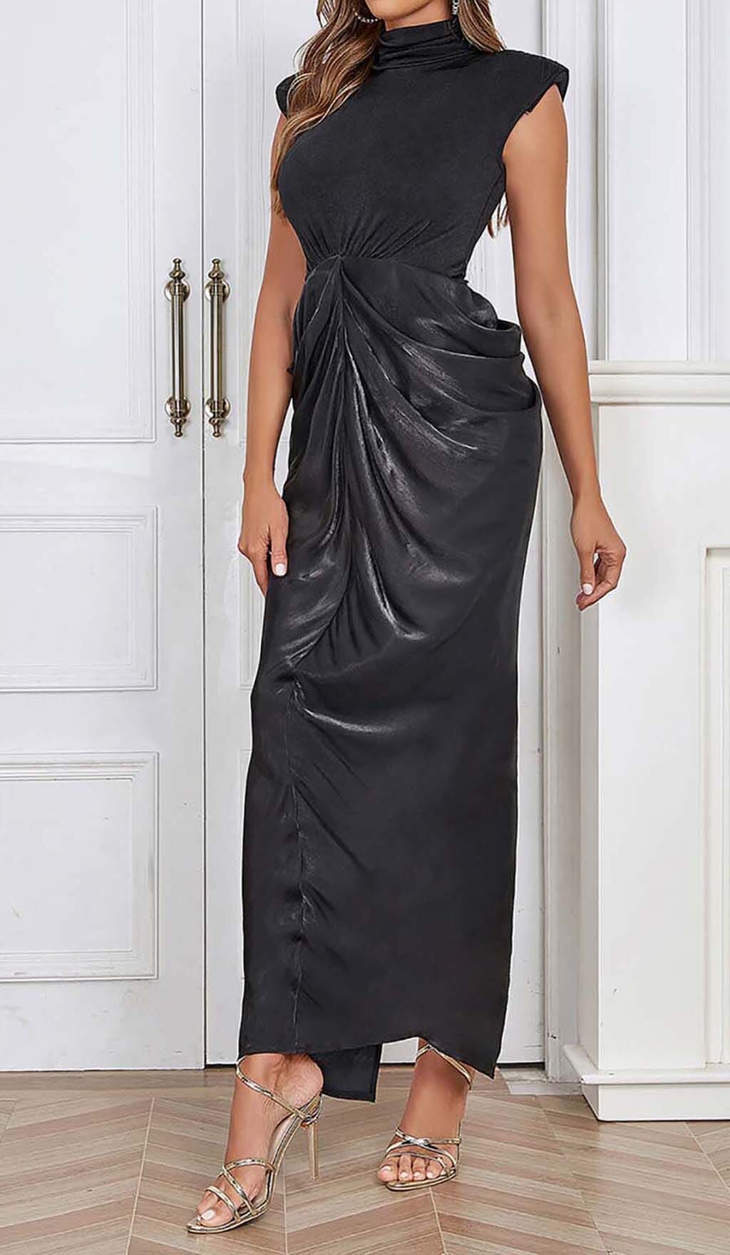 RUCHED OFF SLEEVE MAXI DRESS IN BLACK DRESS STYLE OF CB