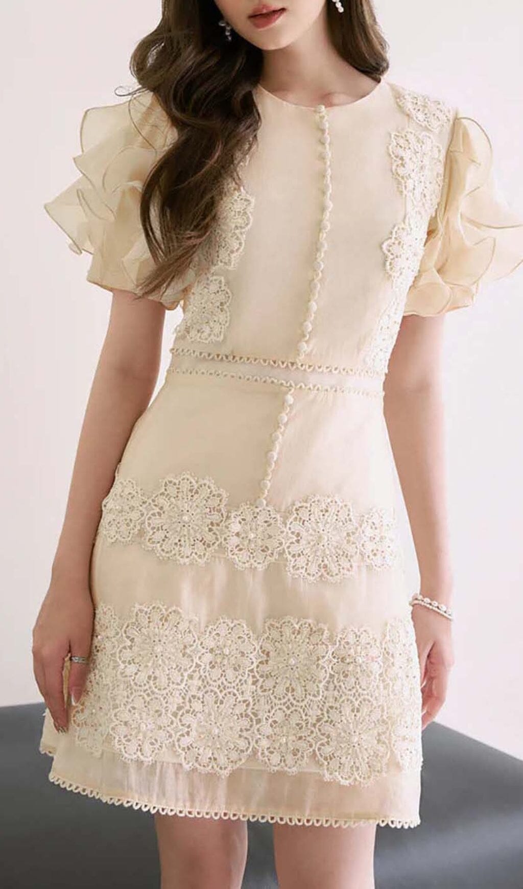 RUFFLE BUTTON LINE MIDI DRESS IN BEIGE styleofcb