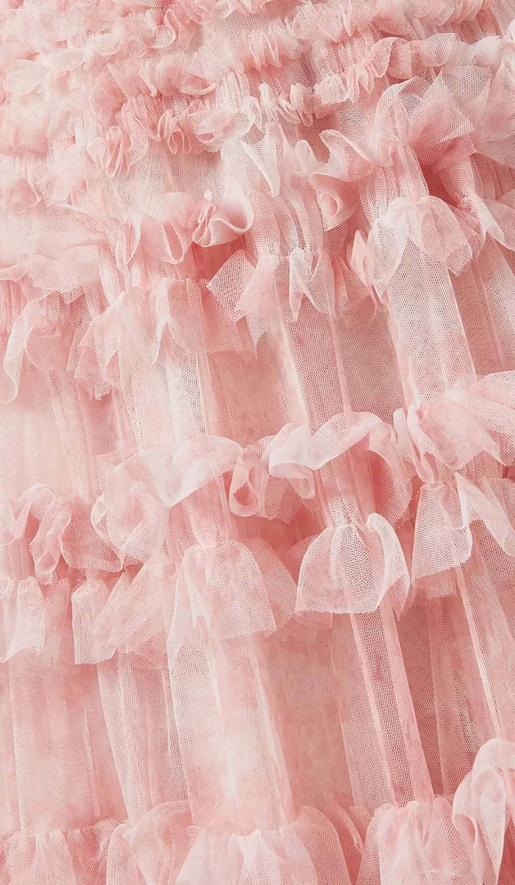 RUFFLE OFF SHOULDER TIERED MIDI DRESS IN PINK styleofcb