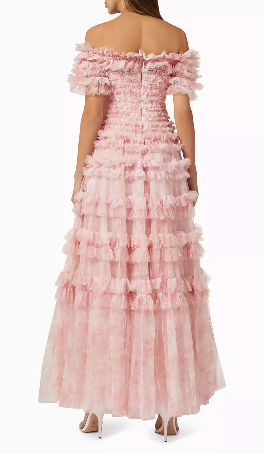 RUFFLE OFF SHOULDER TIERED MIDI DRESS IN PINK styleofcb