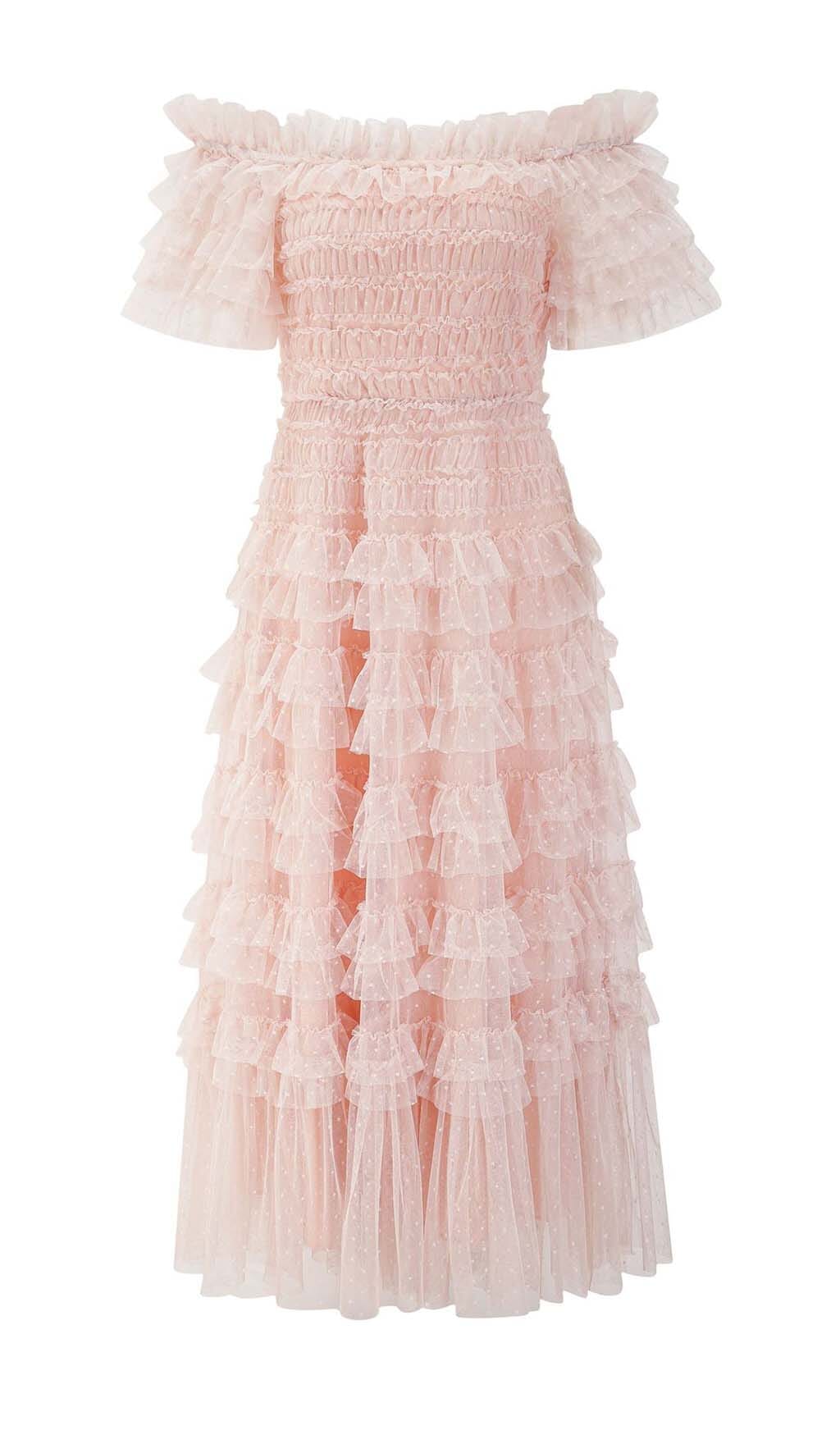 RUFFLE OFF SHOULDER TIERED MIDI DRESS IN PINK styleofcb